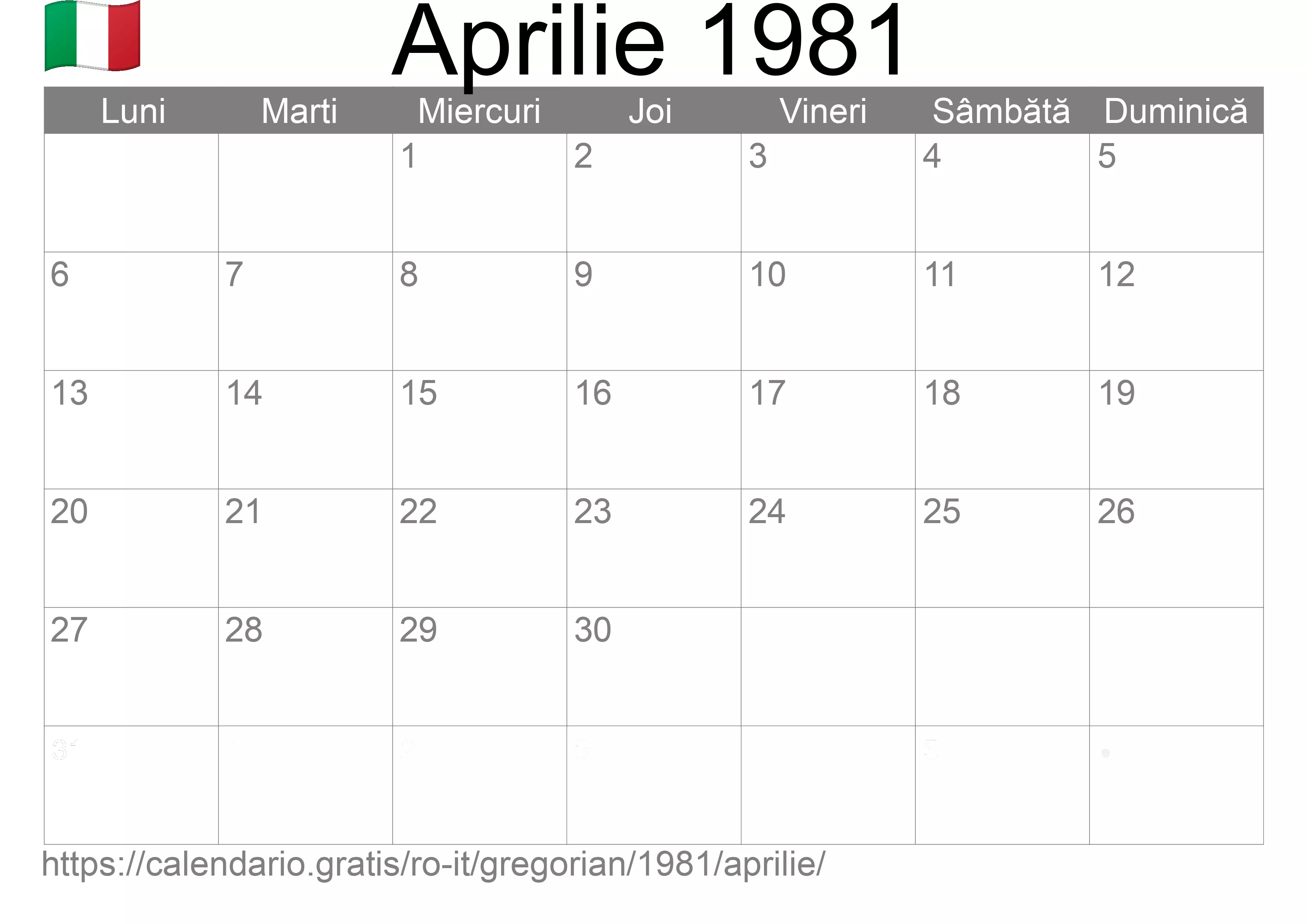 Calendar Aprilie 1981 pentru imprimare (Italia)