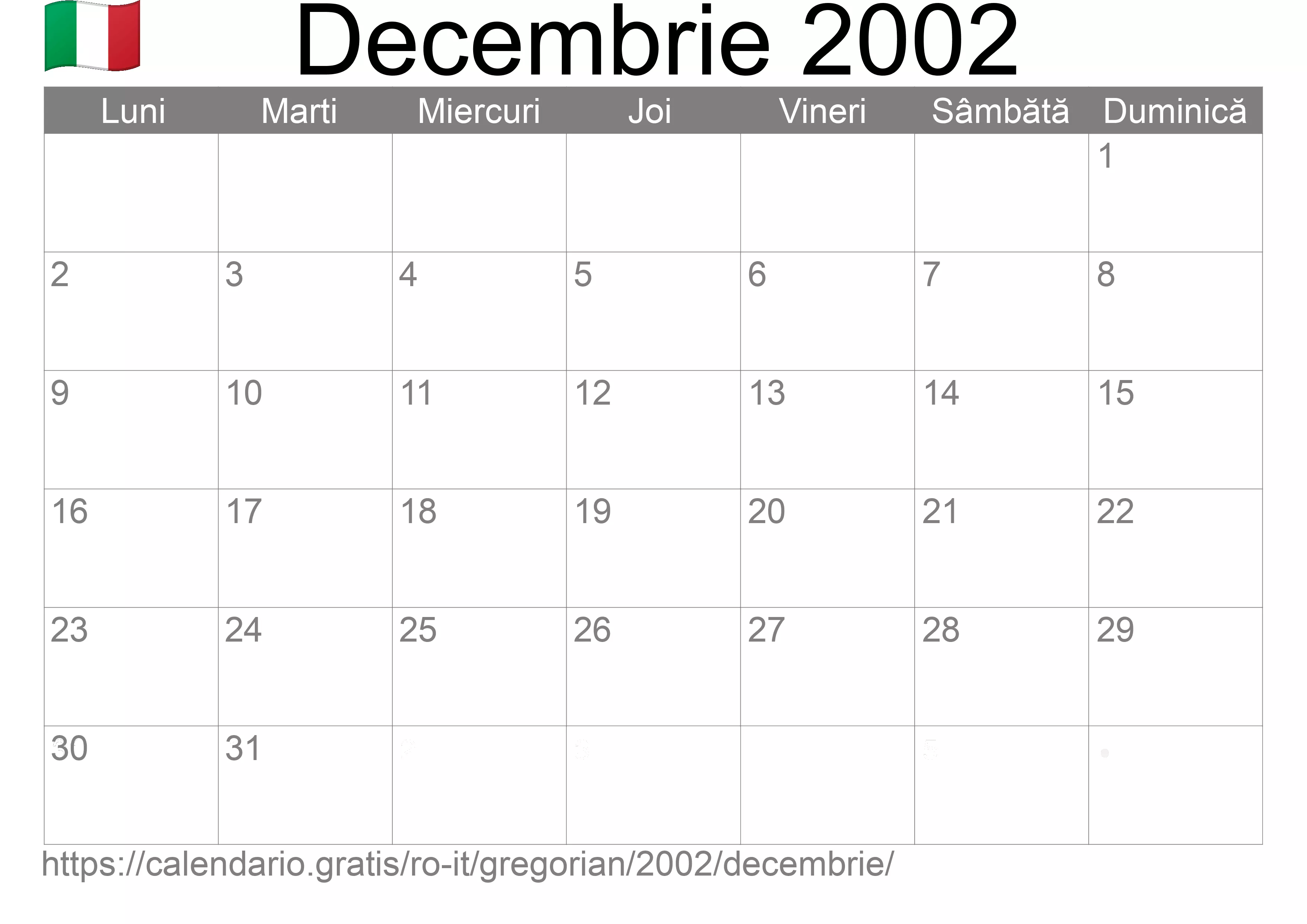 Calendar Decembrie 2002 pentru imprimare (Italia)