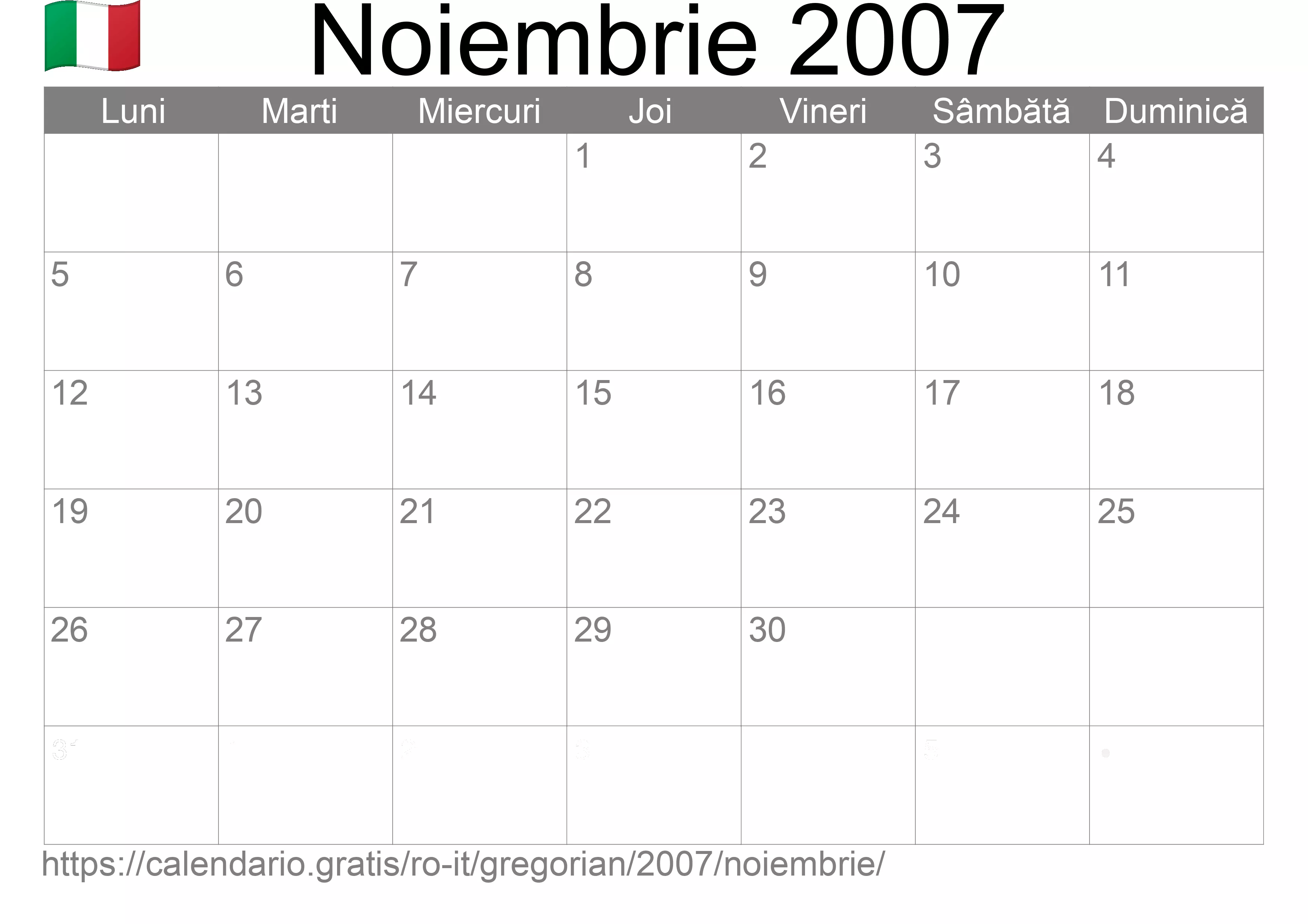 Calendar Noiembrie 2007 pentru imprimare (Italia)