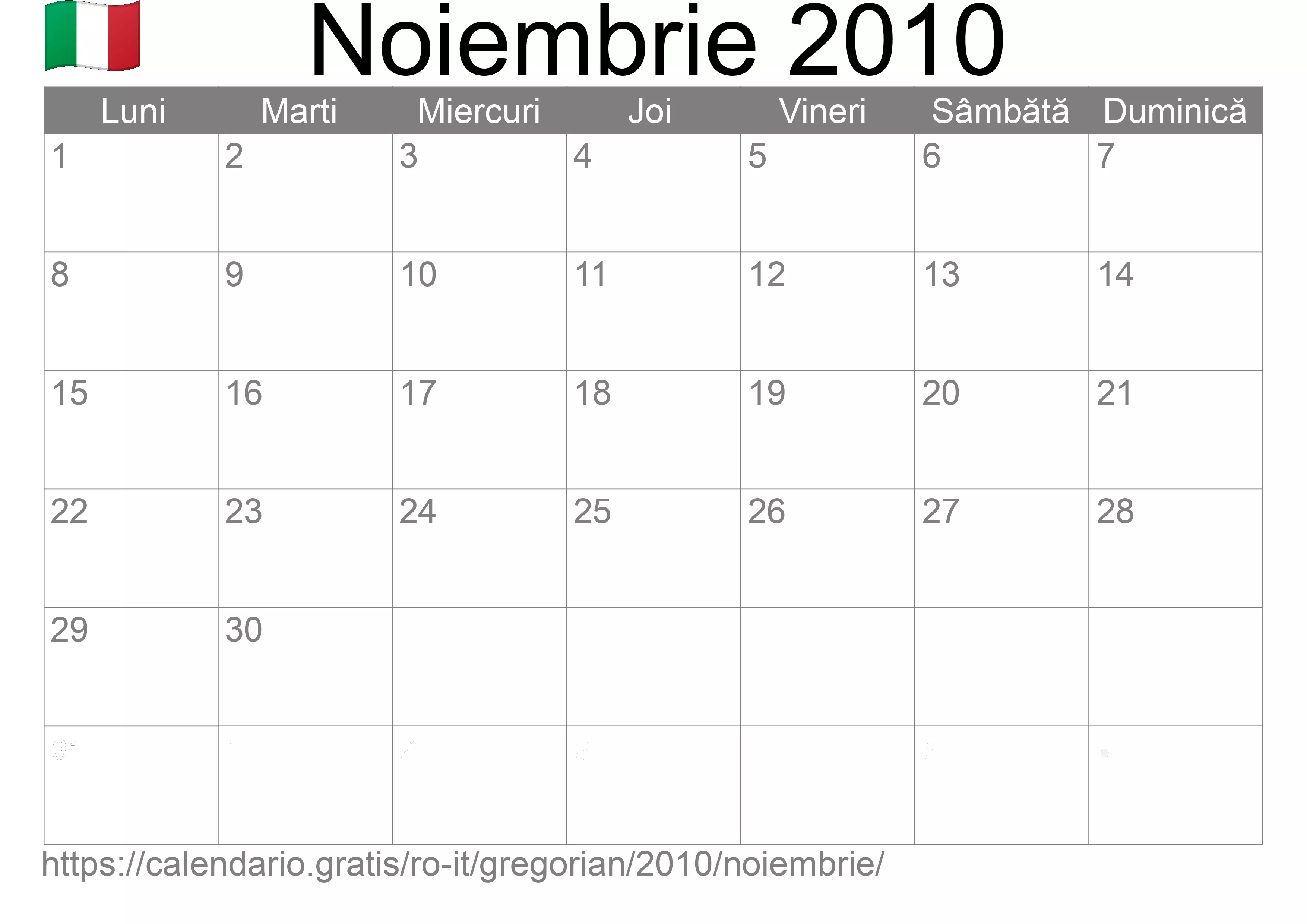 Calendar Noiembrie 2010 pentru imprimare (Italia)