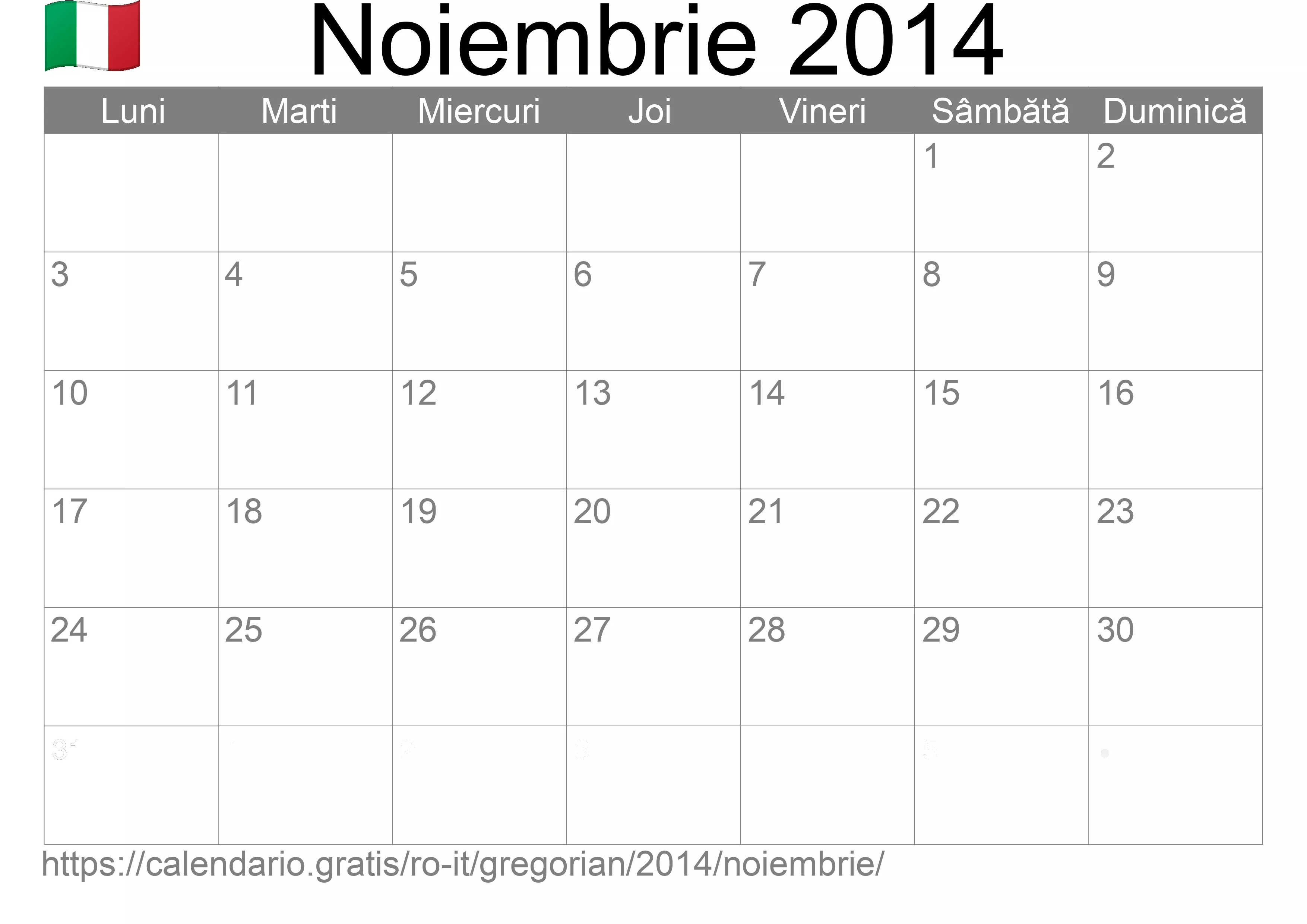 Calendar Noiembrie 2014 pentru imprimare (Italia)