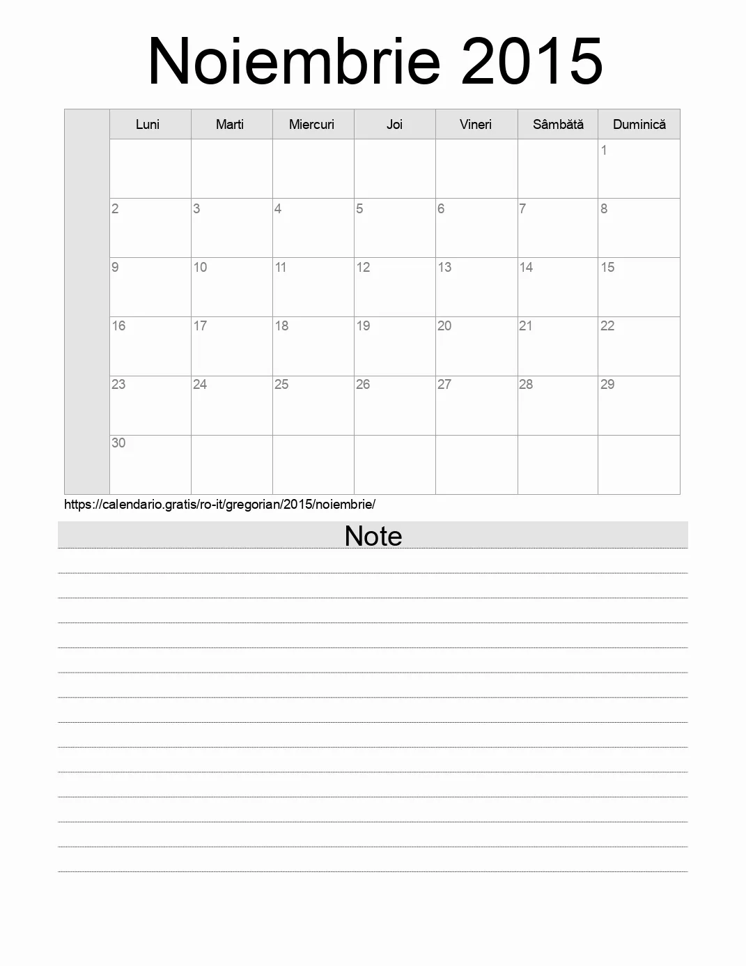 Calendar pentru Noiembrie 2015 de imprimat cu note. (Italia)