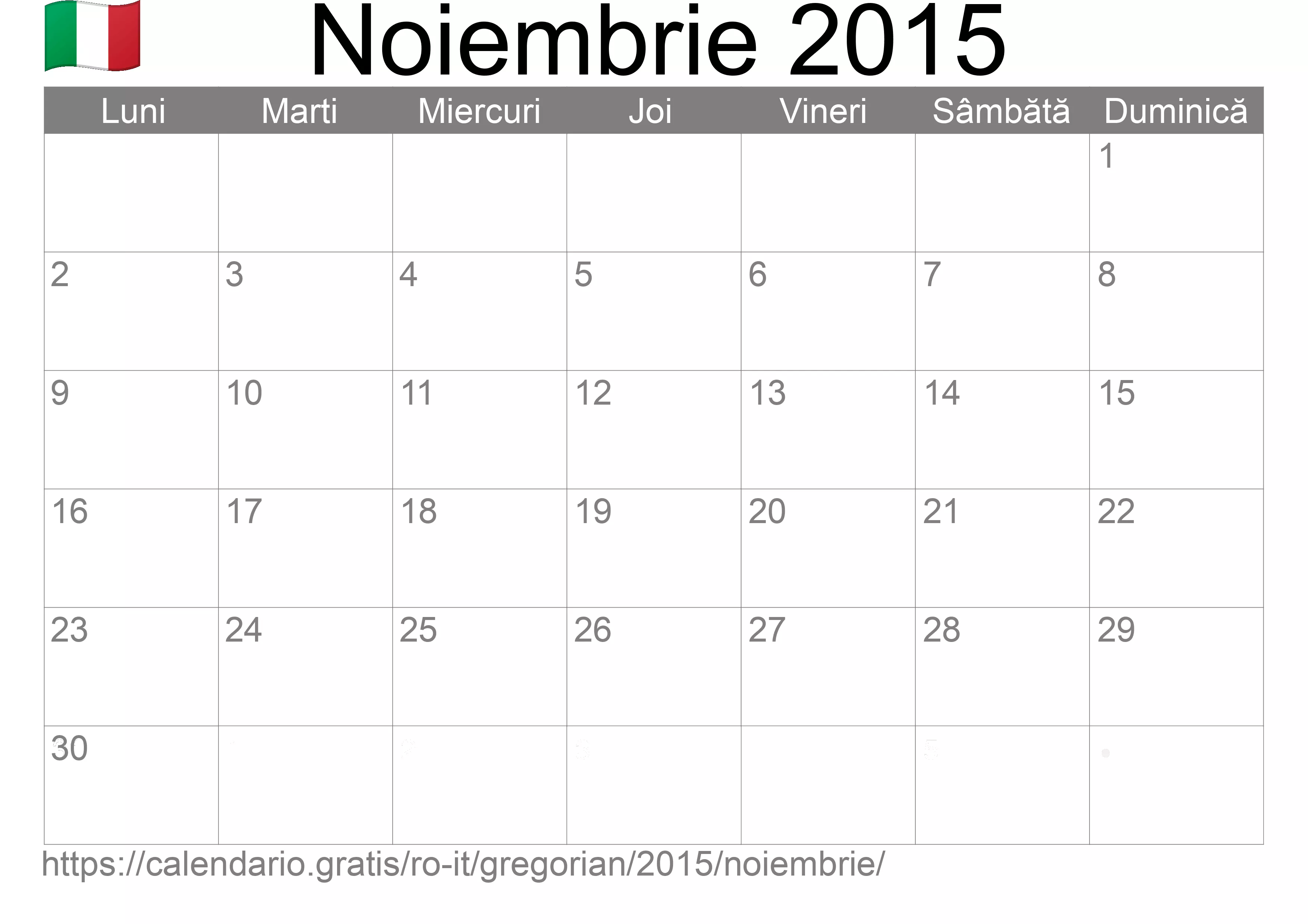 Calendar Noiembrie 2015 pentru imprimare (Italia)