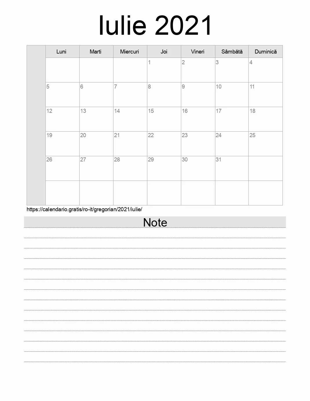 Calendar pentru Iulie 2021 de imprimat cu note. (Italia)