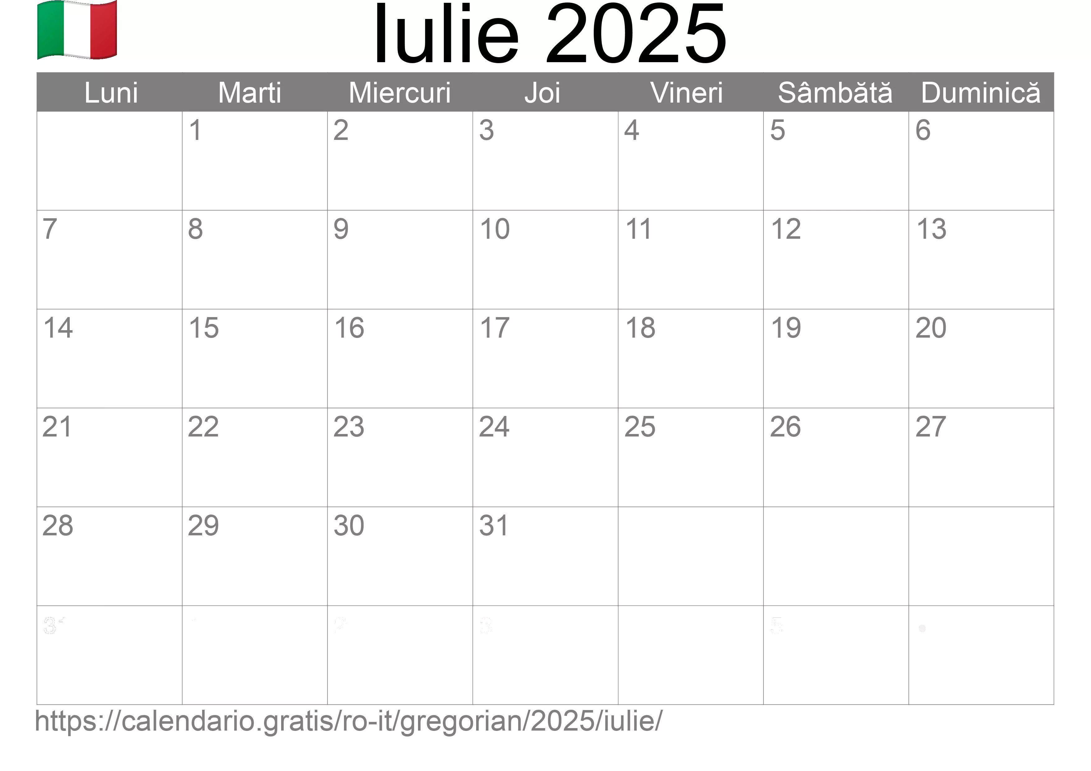Calendar Iulie 2025 pentru imprimare (Italia)