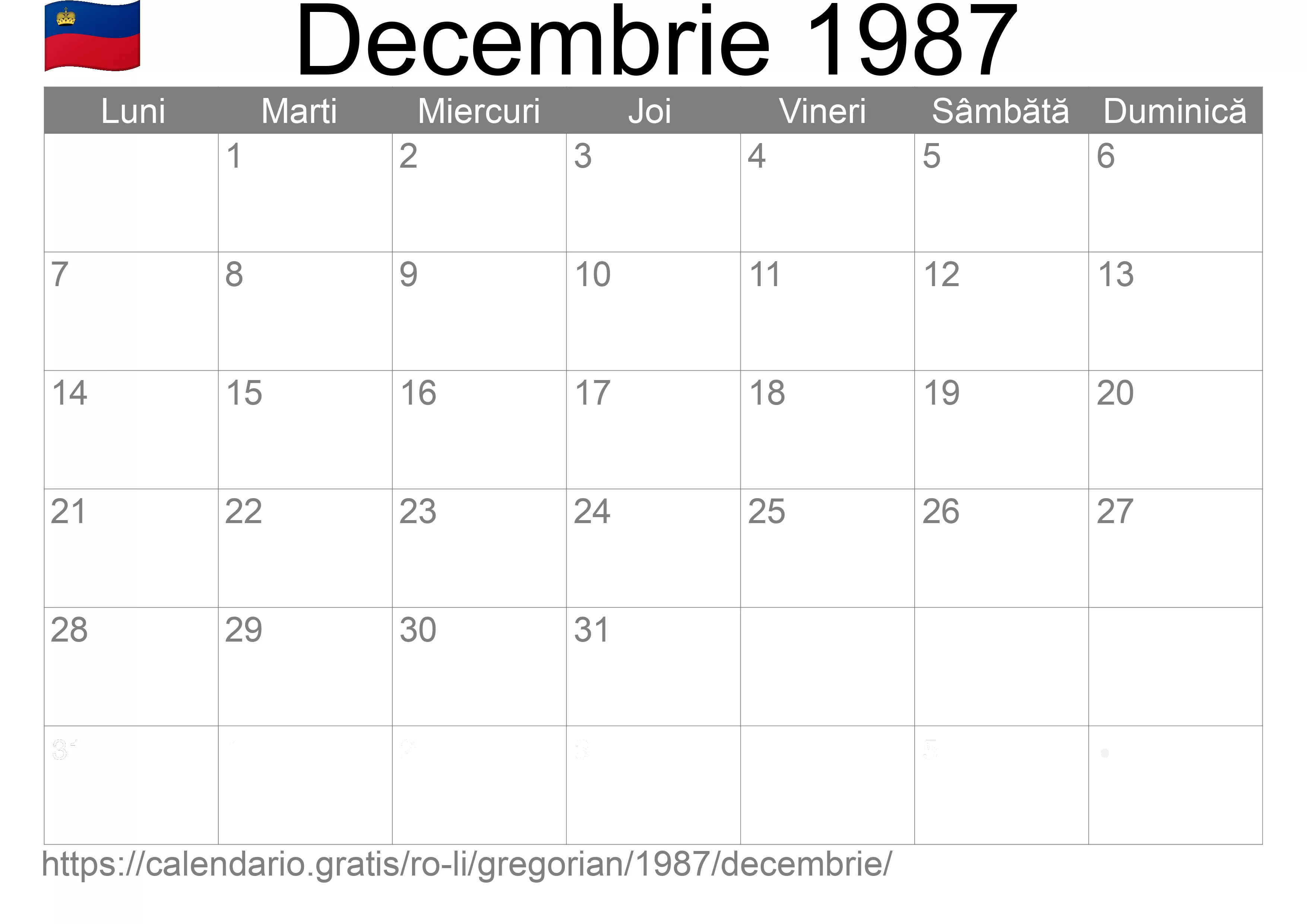 Calendar Decembrie 1987 pentru imprimare (Liechtenstein) Calendar Decembrie 1987 pentru imprimare (Liechtenstein)