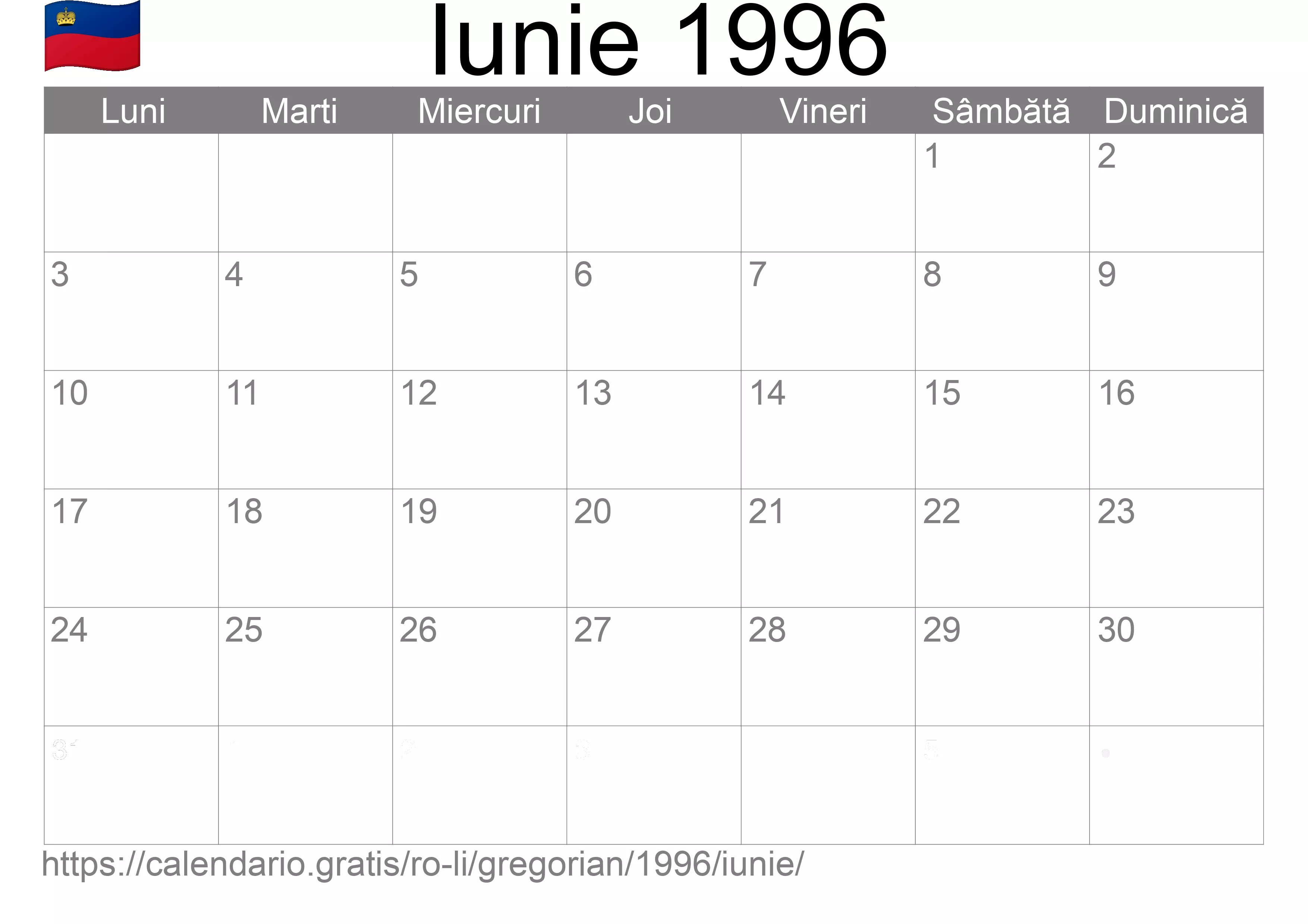 Calendar Iunie 1996 pentru imprimare (Liechtenstein) Calendar Iunie 1996 pentru imprimare (Liechtenstein)