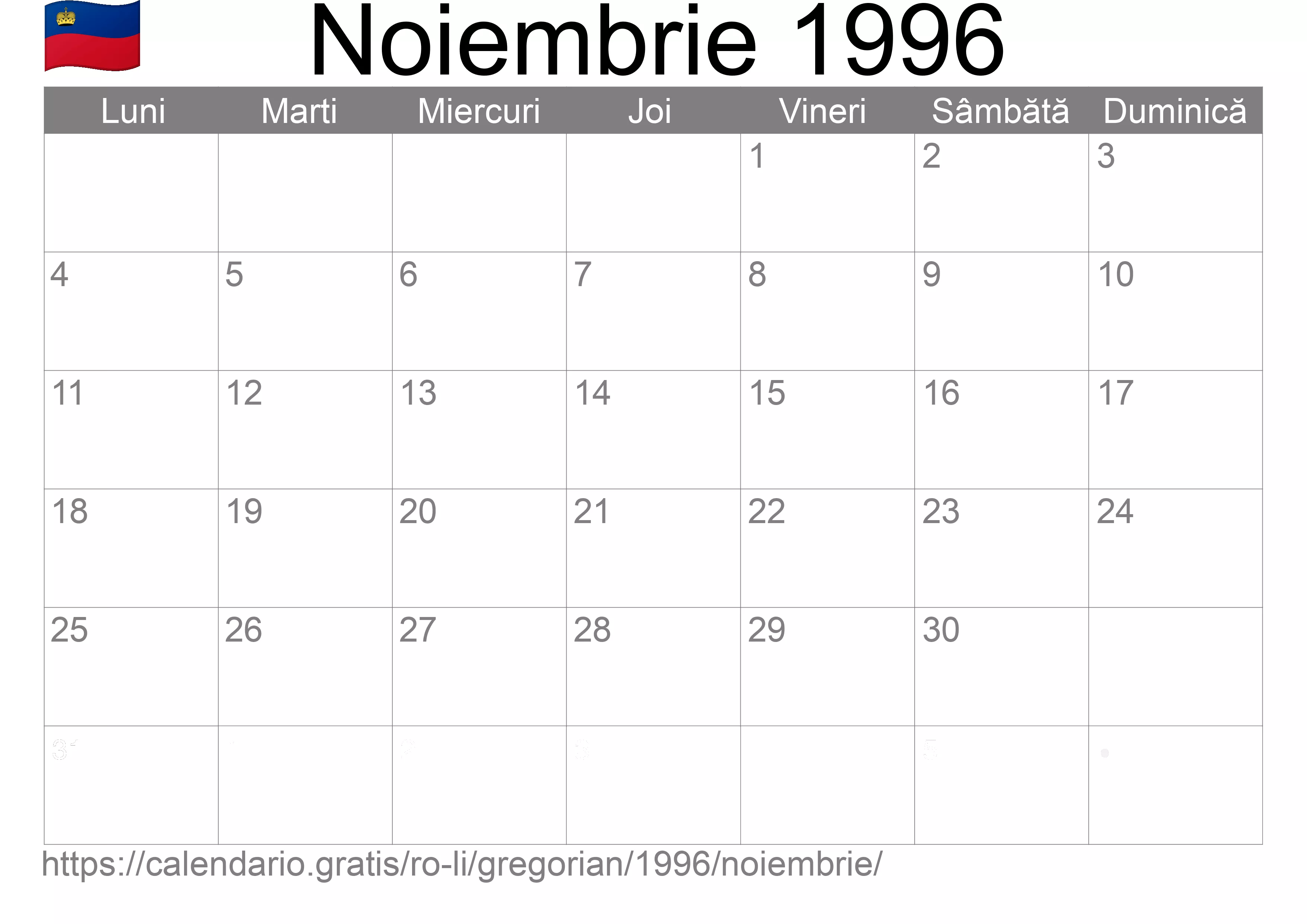 Calendar Noiembrie 1996 pentru imprimare (Liechtenstein)