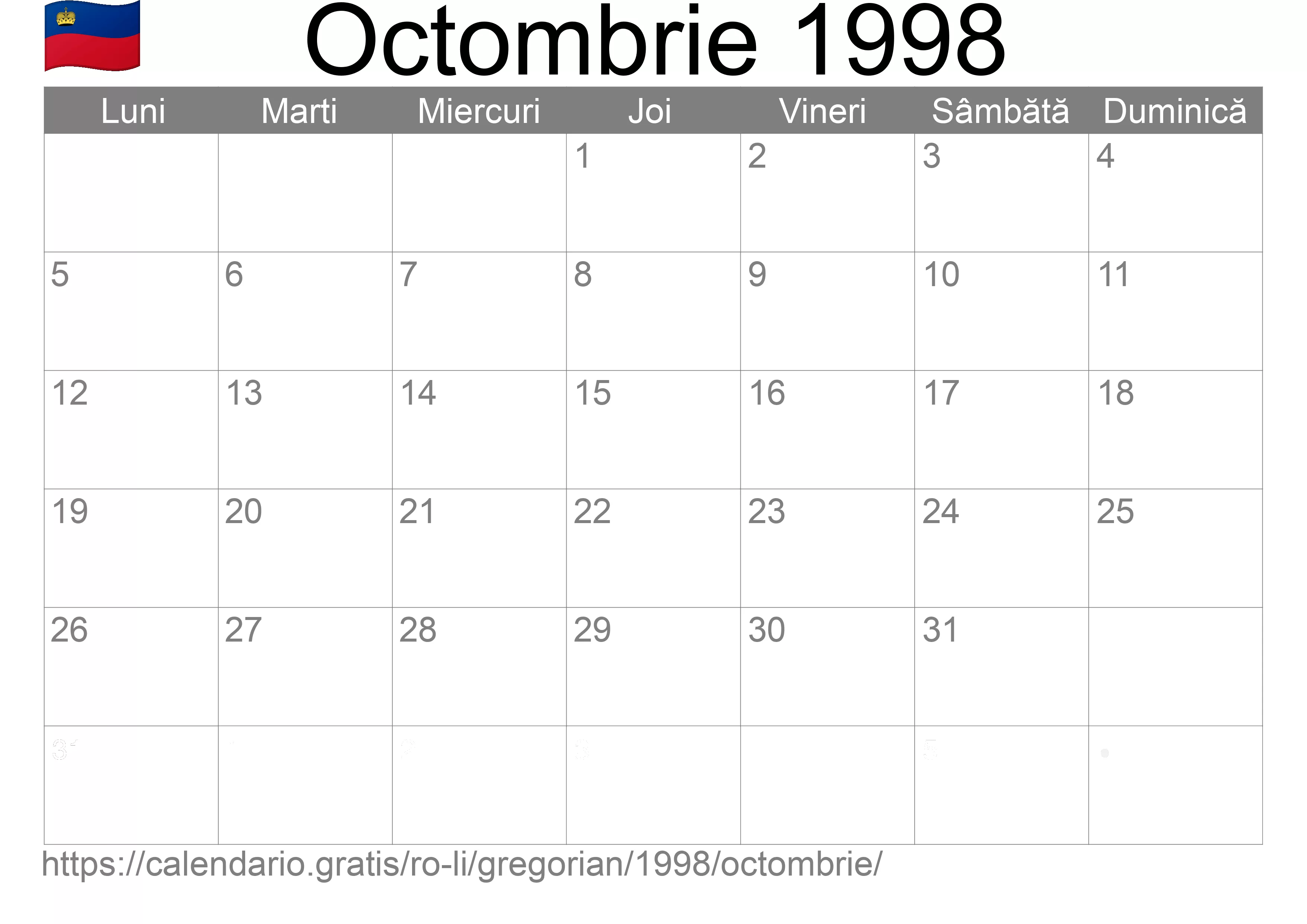 Calendar Octombrie 1998 pentru imprimare (Liechtenstein) Calendar Octombrie 1998 pentru imprimare (Liechtenstein)