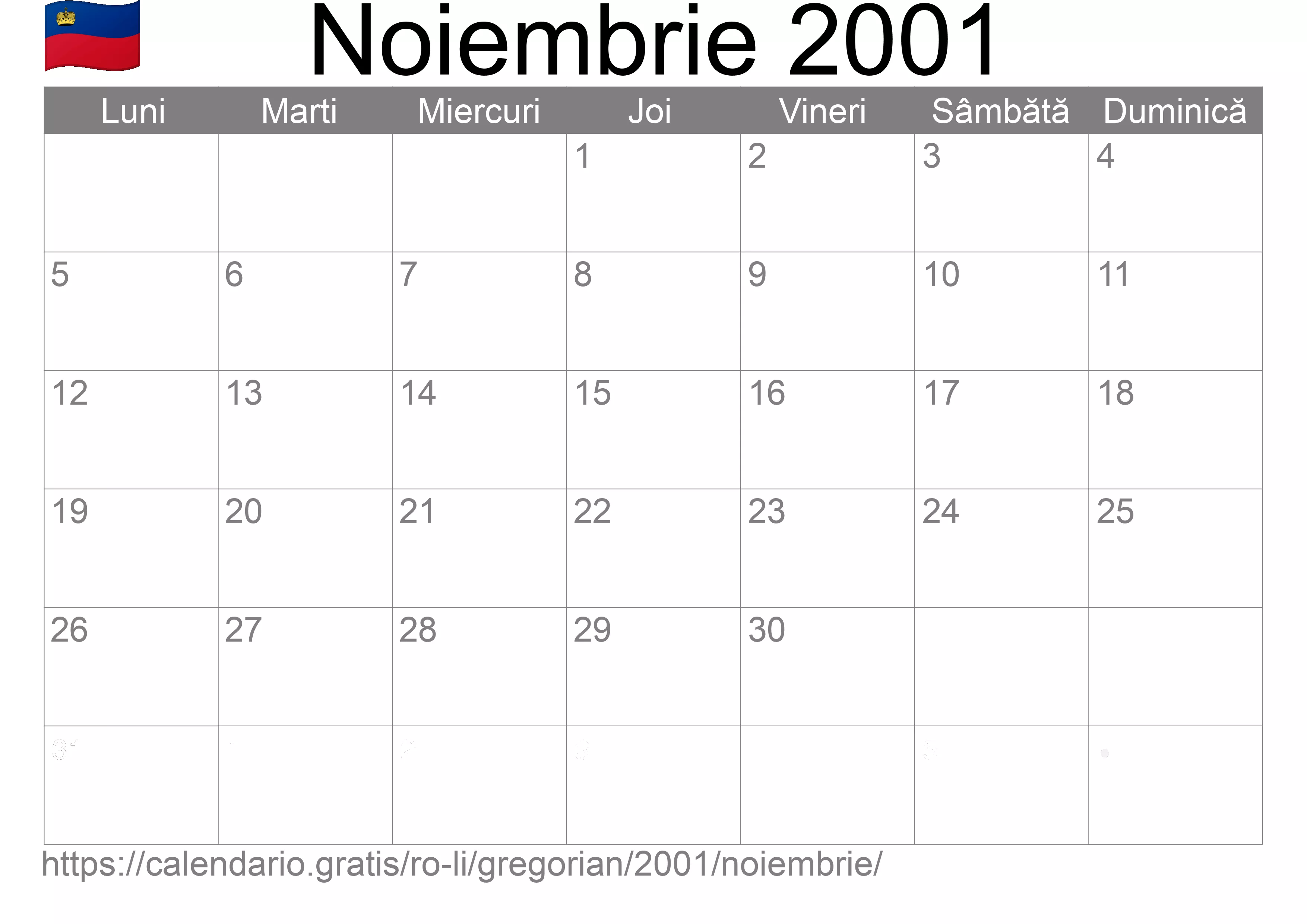 Calendar Noiembrie 2001 pentru imprimare (Liechtenstein)