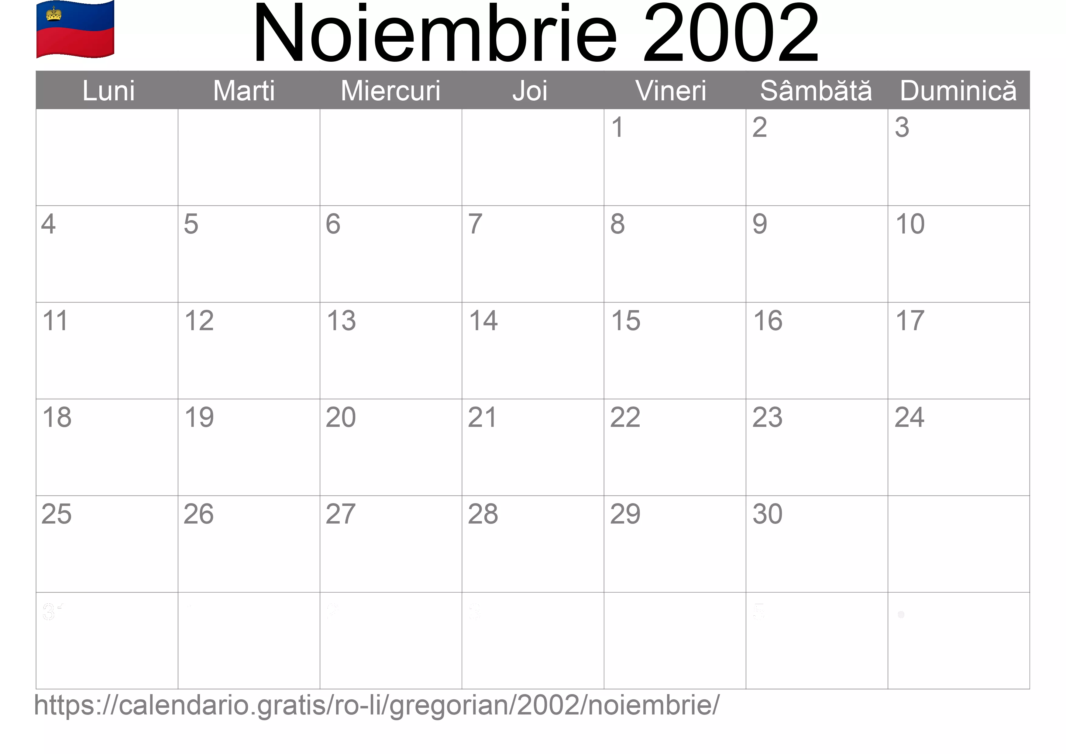 Calendar Noiembrie 2002 pentru imprimare (Liechtenstein)