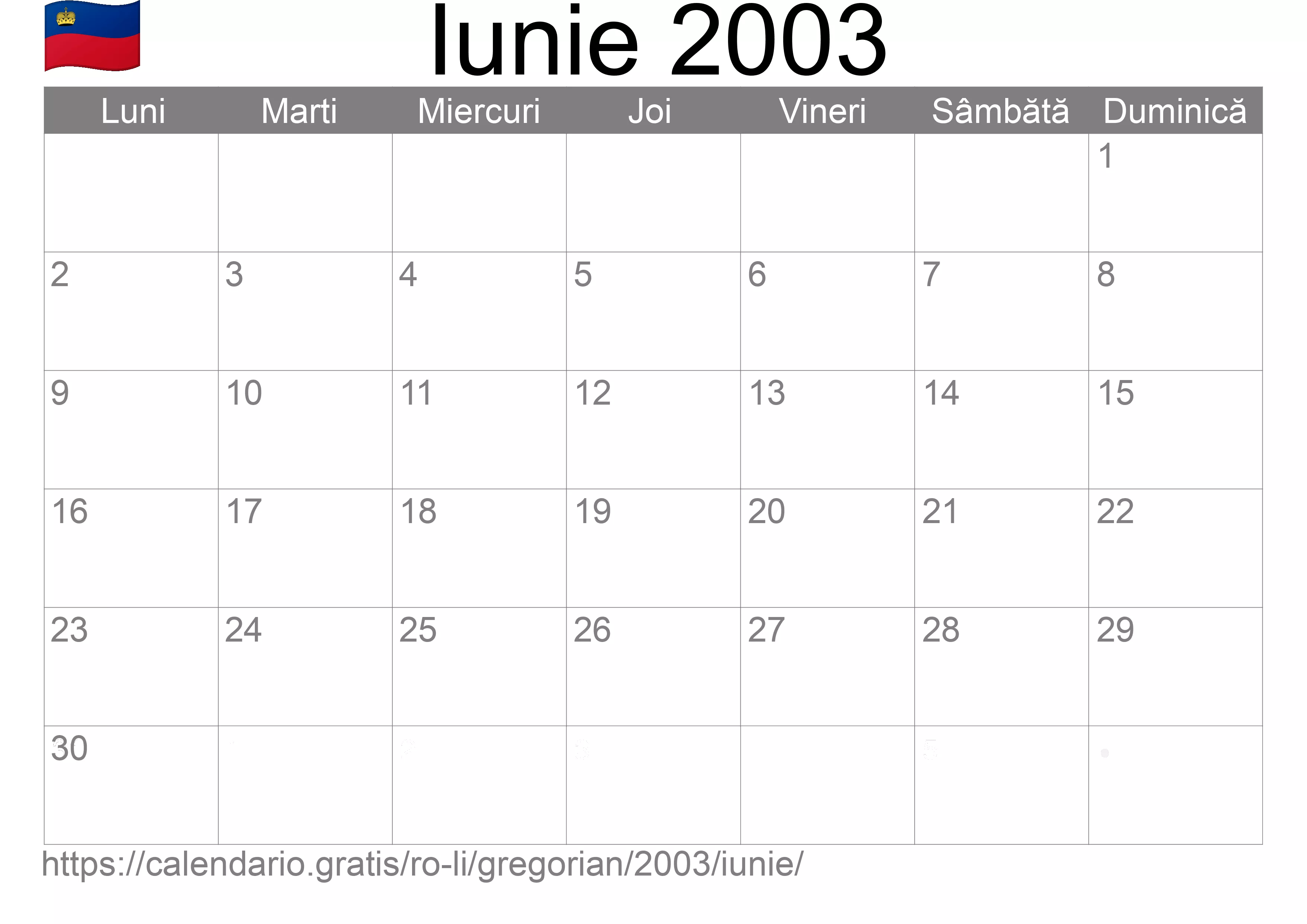 Calendar Iunie 2003 pentru imprimare (Liechtenstein)