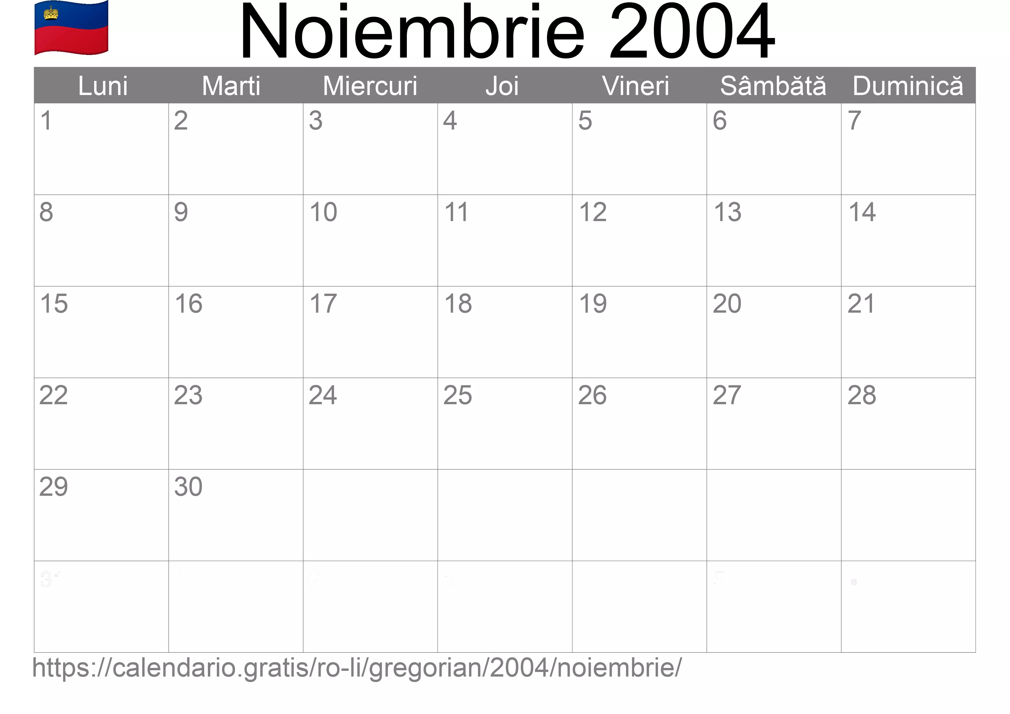 Calendar Noiembrie 2004 pentru imprimare (Liechtenstein)