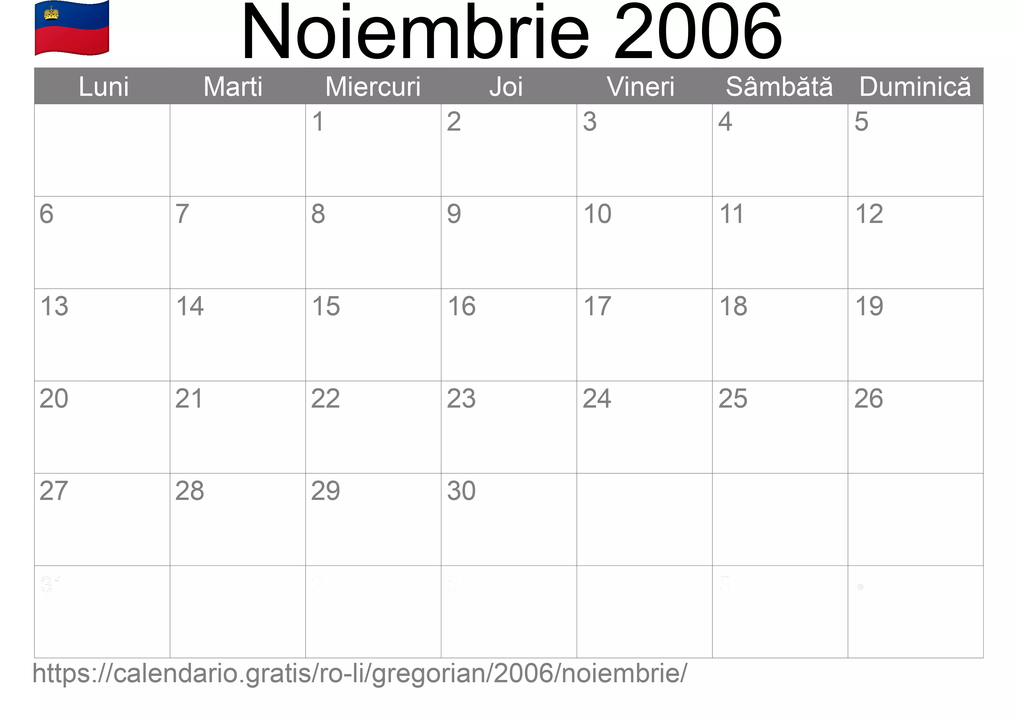 Calendar Noiembrie 2006 pentru imprimare (Liechtenstein)