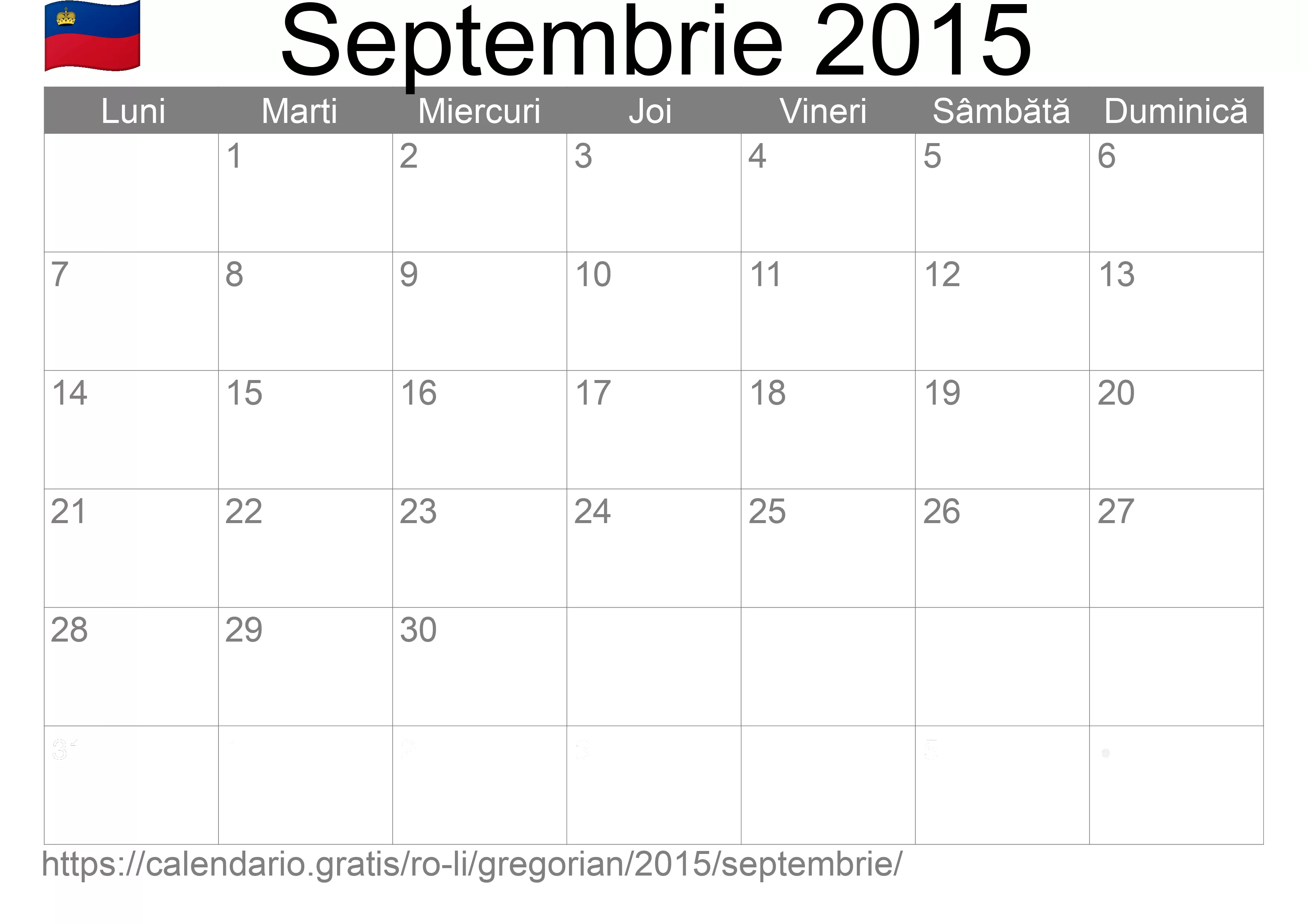 Calendar Septembrie 2015 pentru imprimare (Liechtenstein)