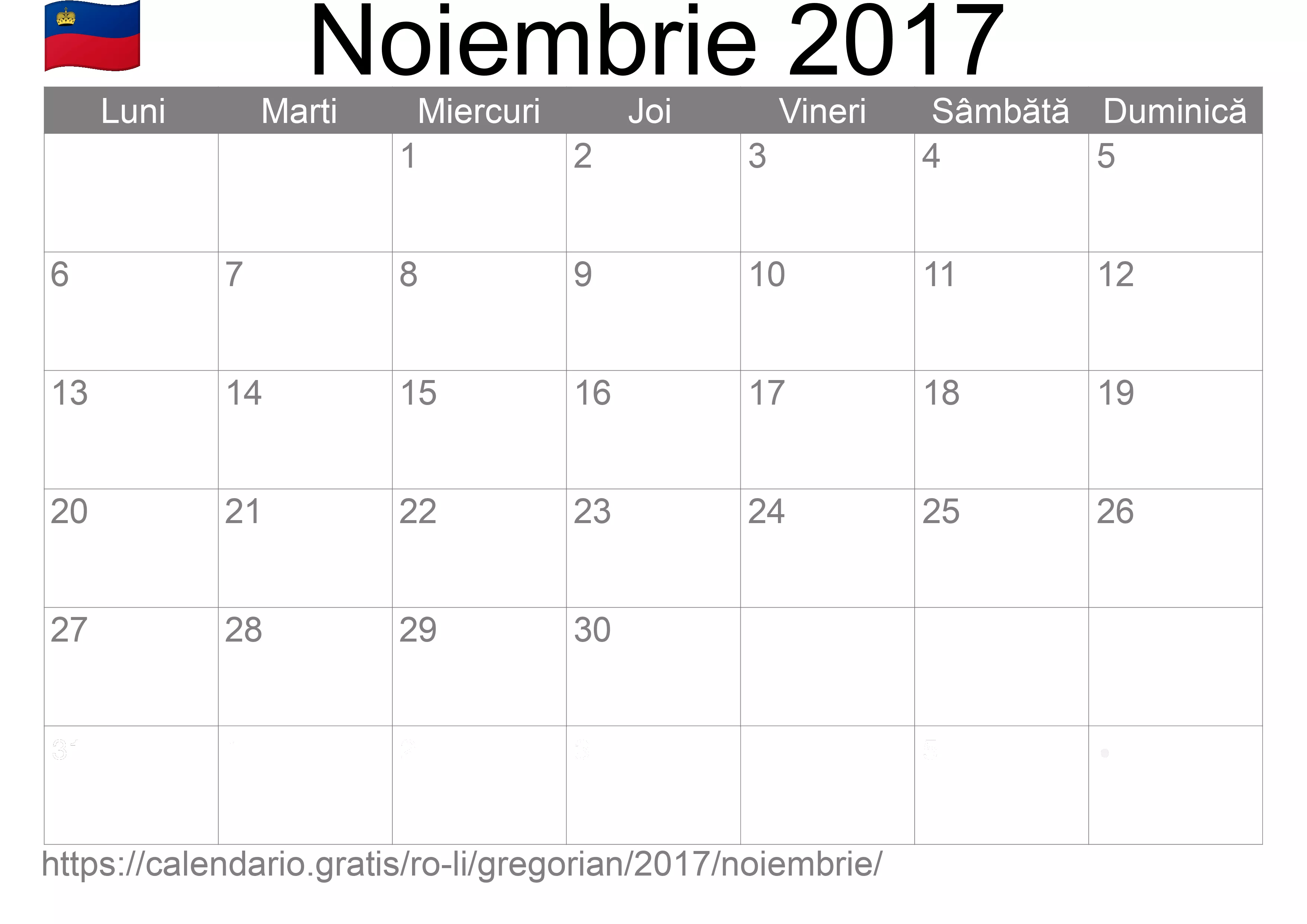 Calendar Noiembrie 2017 pentru imprimare (Liechtenstein)