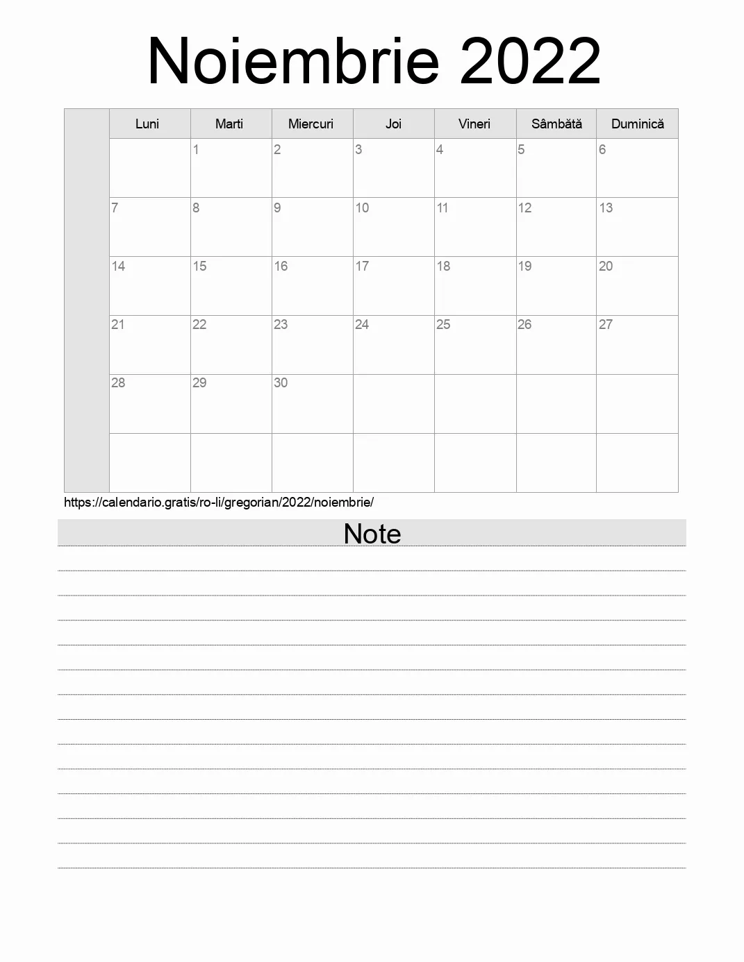 Calendar pentru Noiembrie 2022 de imprimat cu note. (Liechtenstein)