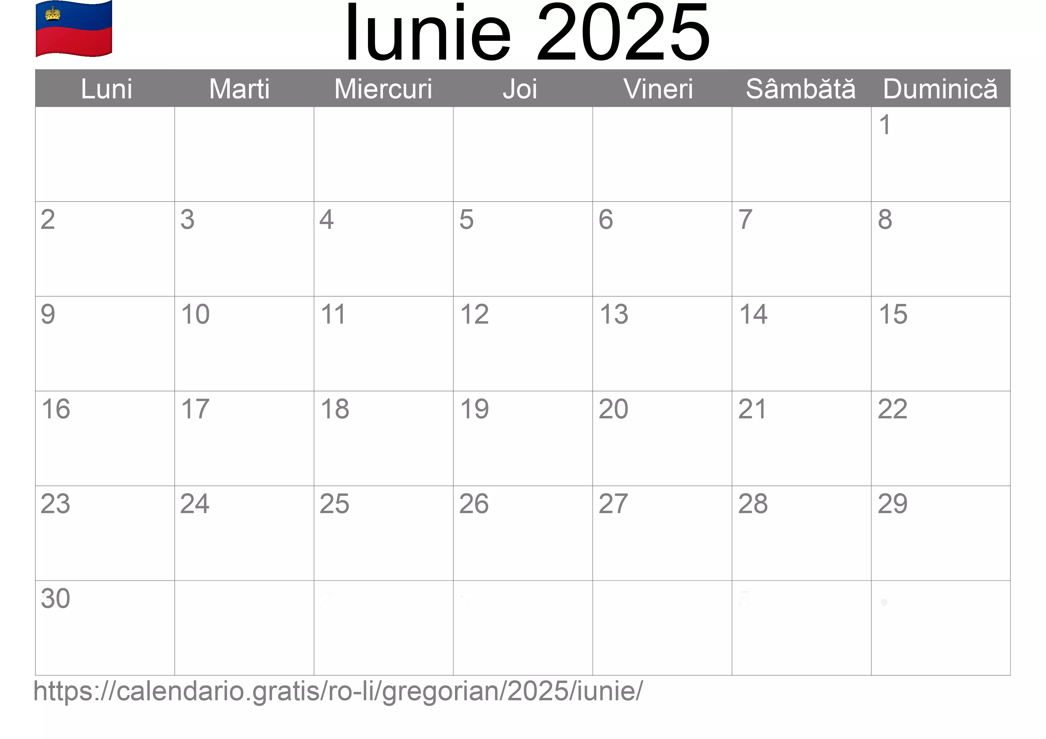 Calendar Iunie 2025 pentru imprimare (Liechtenstein)