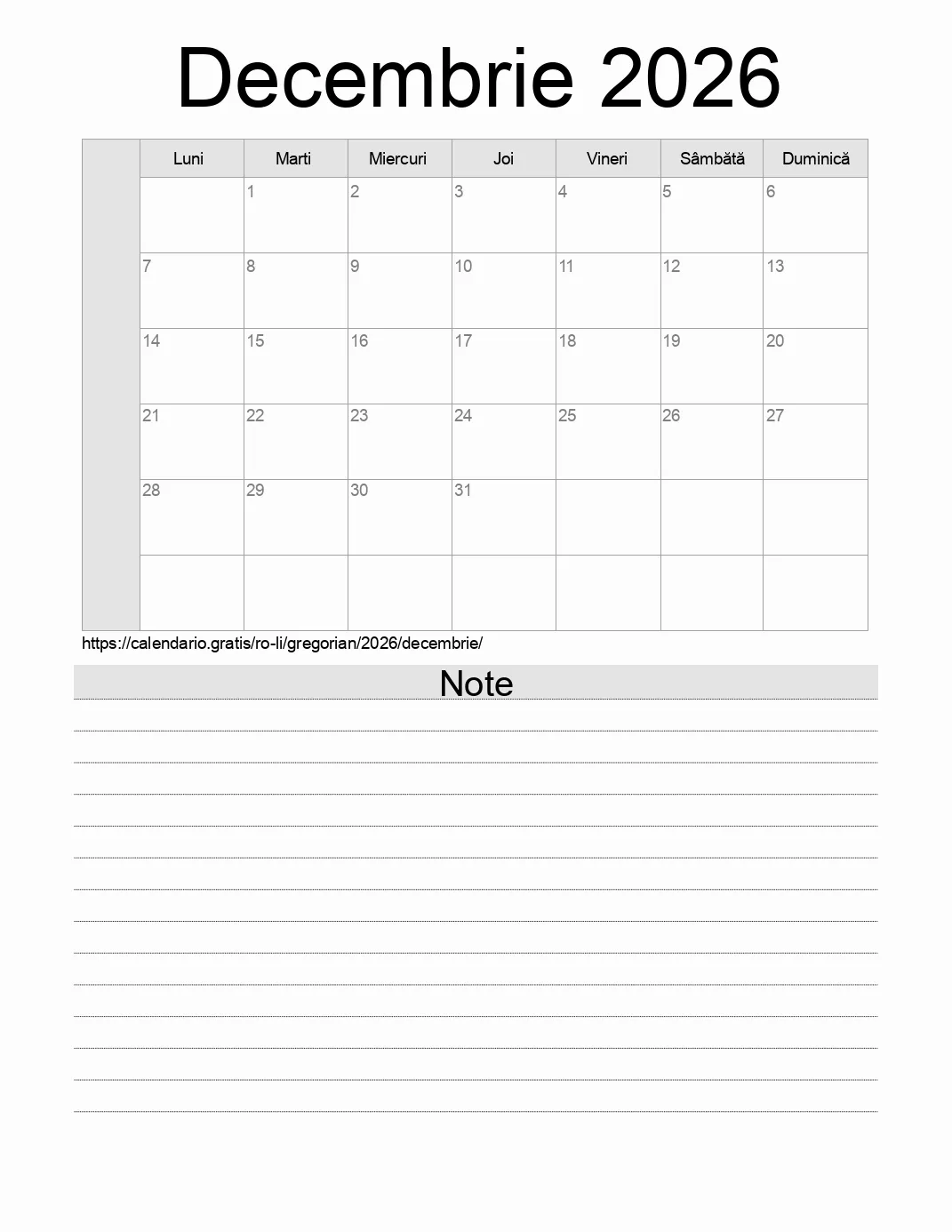 Calendar pentru Decembrie 2026 de imprimat cu note. (Liechtenstein)