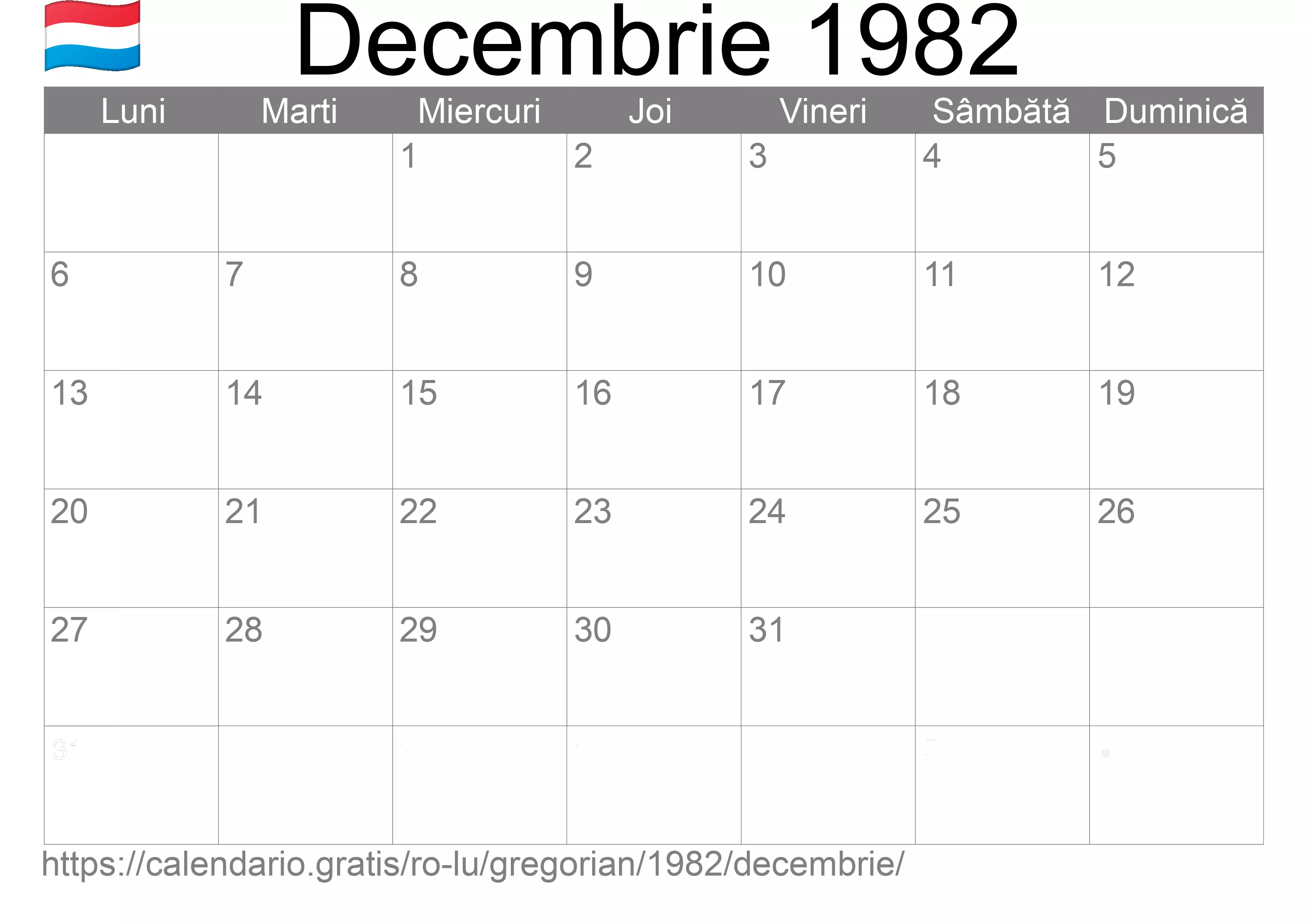 Calendar Decembrie 1982 pentru imprimare (Luxemburg) Calendar Decembrie 1982 pentru imprimare (Luxemburg)