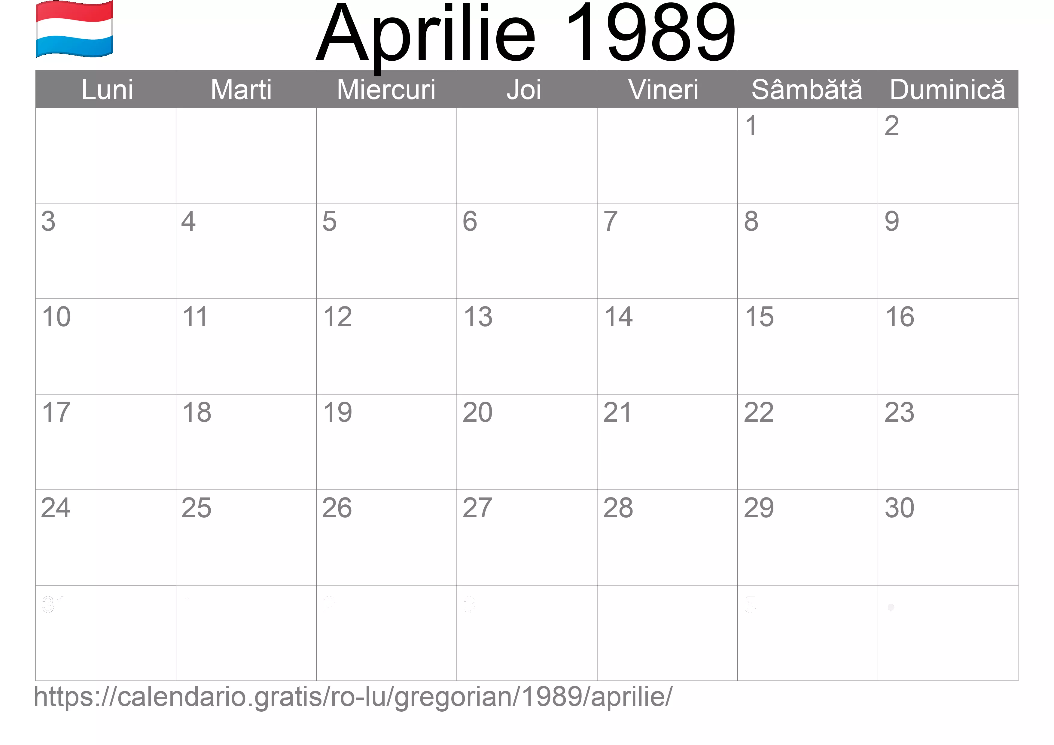 Calendar Aprilie 1989 pentru imprimare (Luxemburg) Calendar Aprilie 1989 pentru imprimare (Luxemburg)