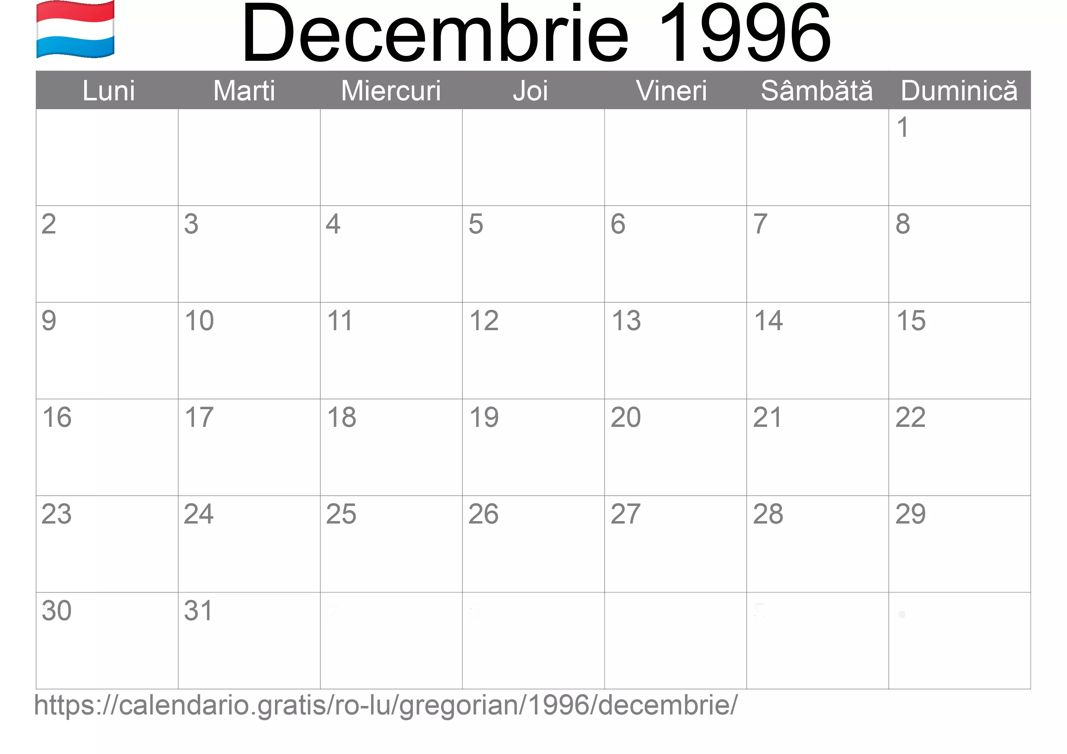 Calendar Decembrie 1996 pentru imprimare (Luxemburg) Calendar Decembrie 1996 pentru imprimare (Luxemburg)