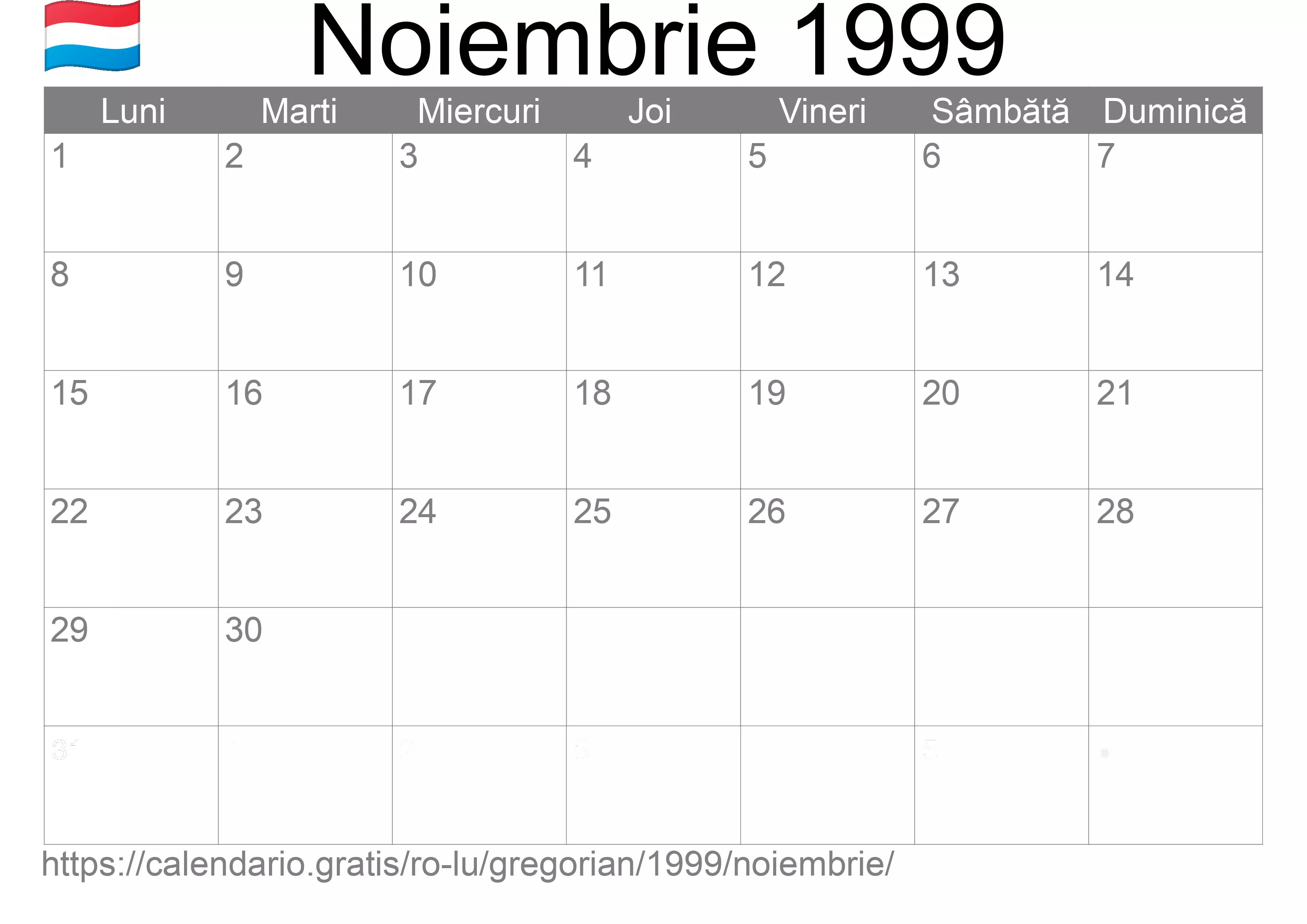Calendar Noiembrie 1999 pentru imprimare (Luxemburg)