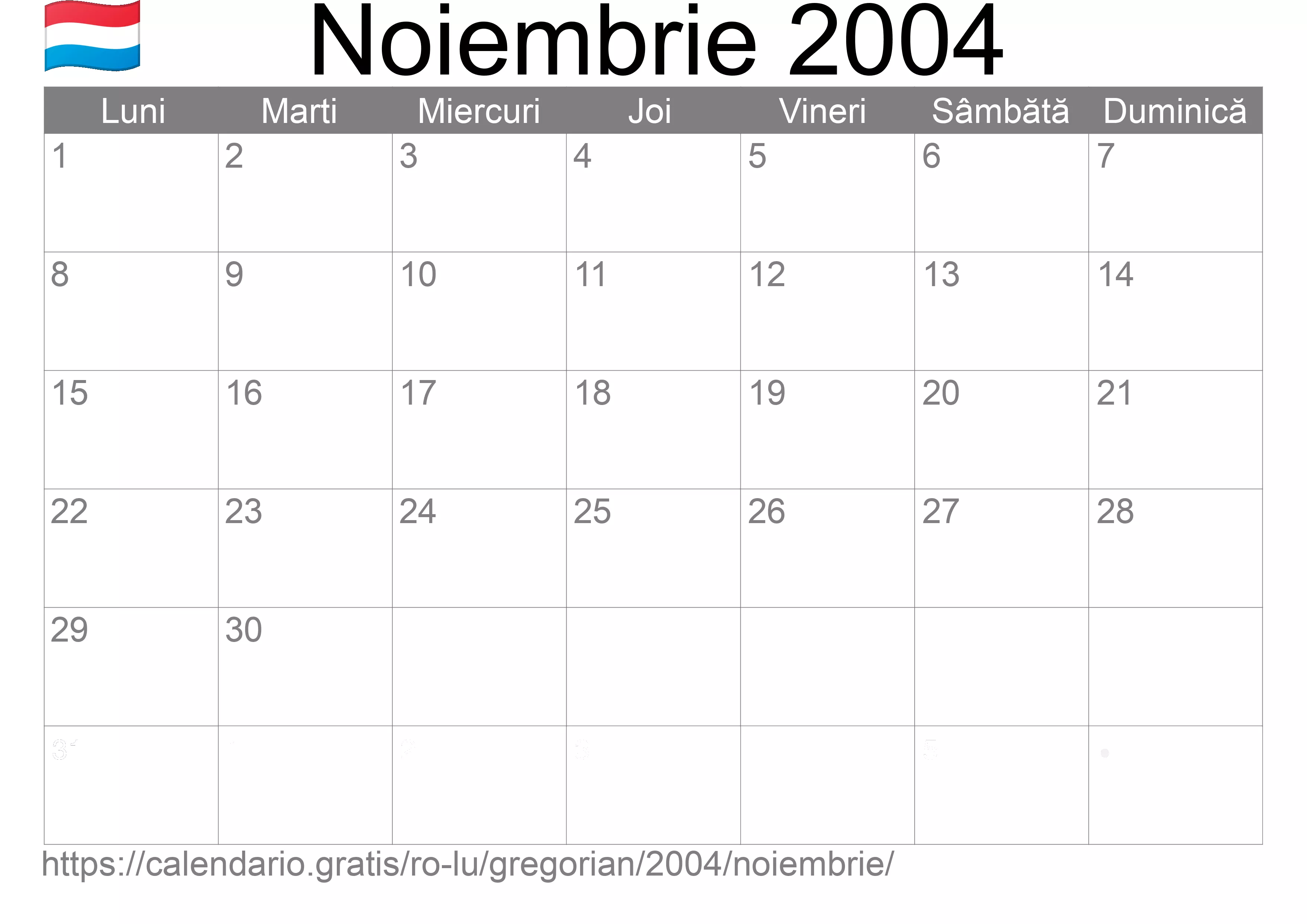 Calendar Noiembrie 2004 pentru imprimare (Luxemburg)