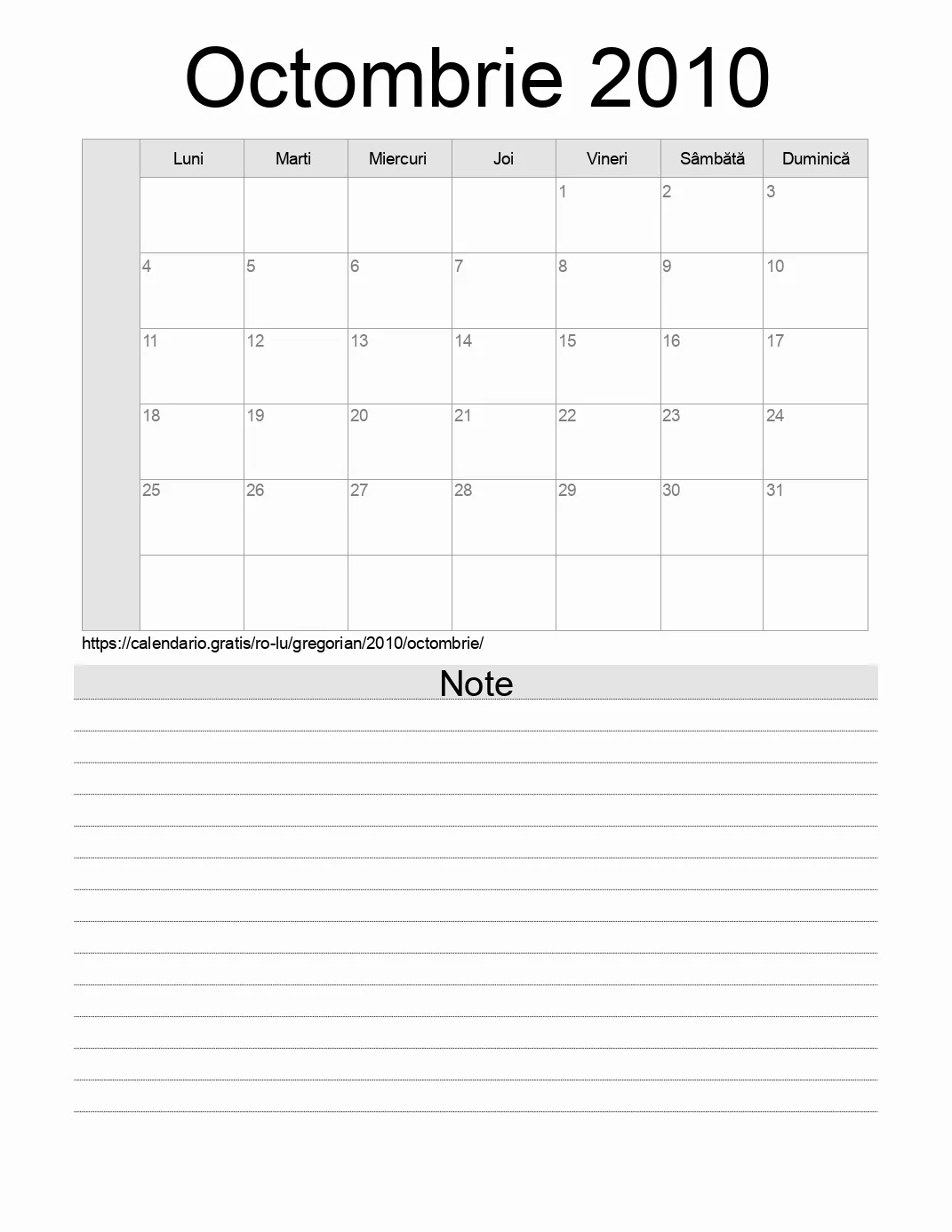 Calendar pentru Octombrie 2010 de imprimat cu note. (Luxemburg) Calendar pentru Octombrie 2010 de imprimat cu note. (Luxemburg)