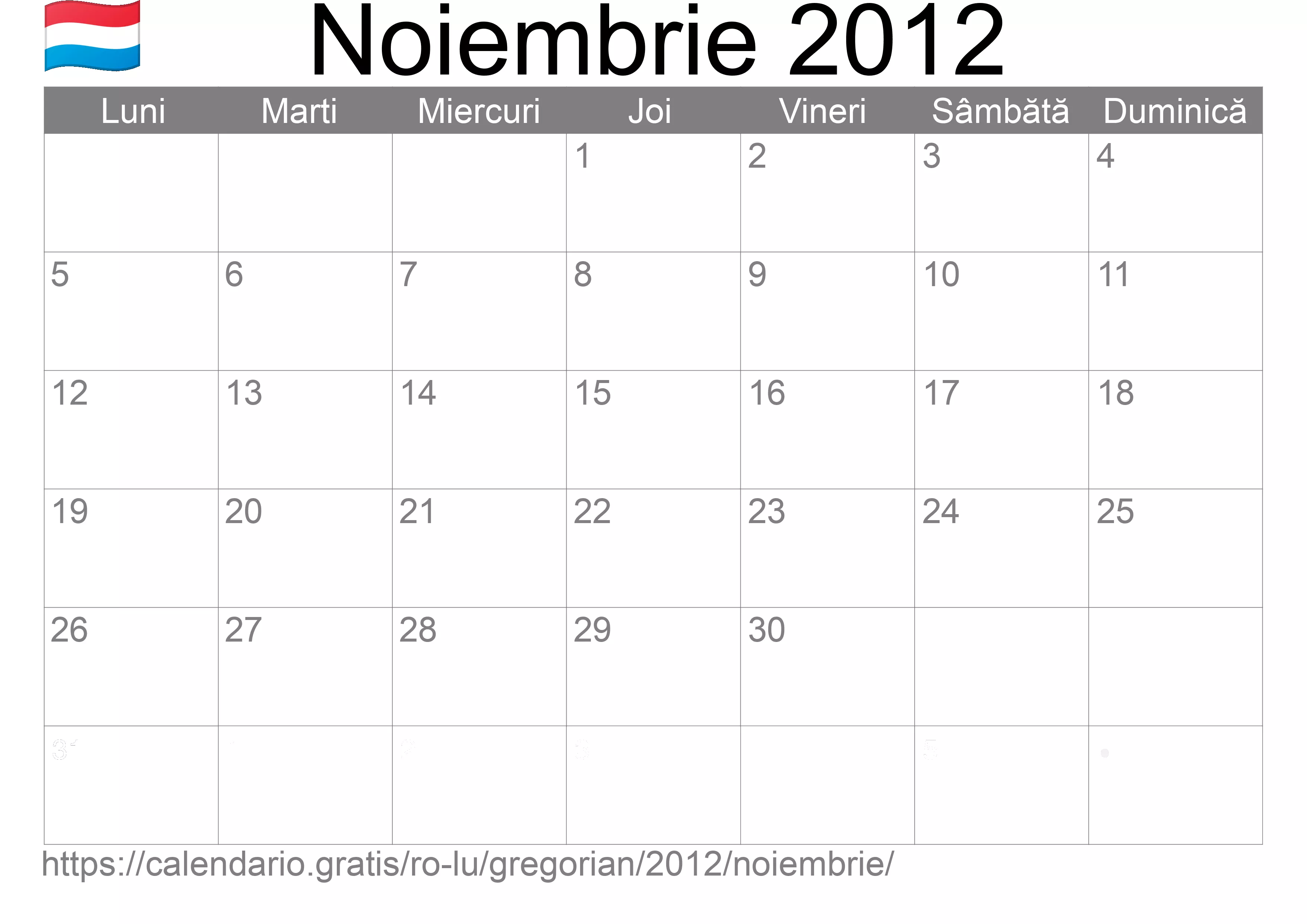 Calendar Noiembrie 2012 pentru imprimare (Luxemburg)
