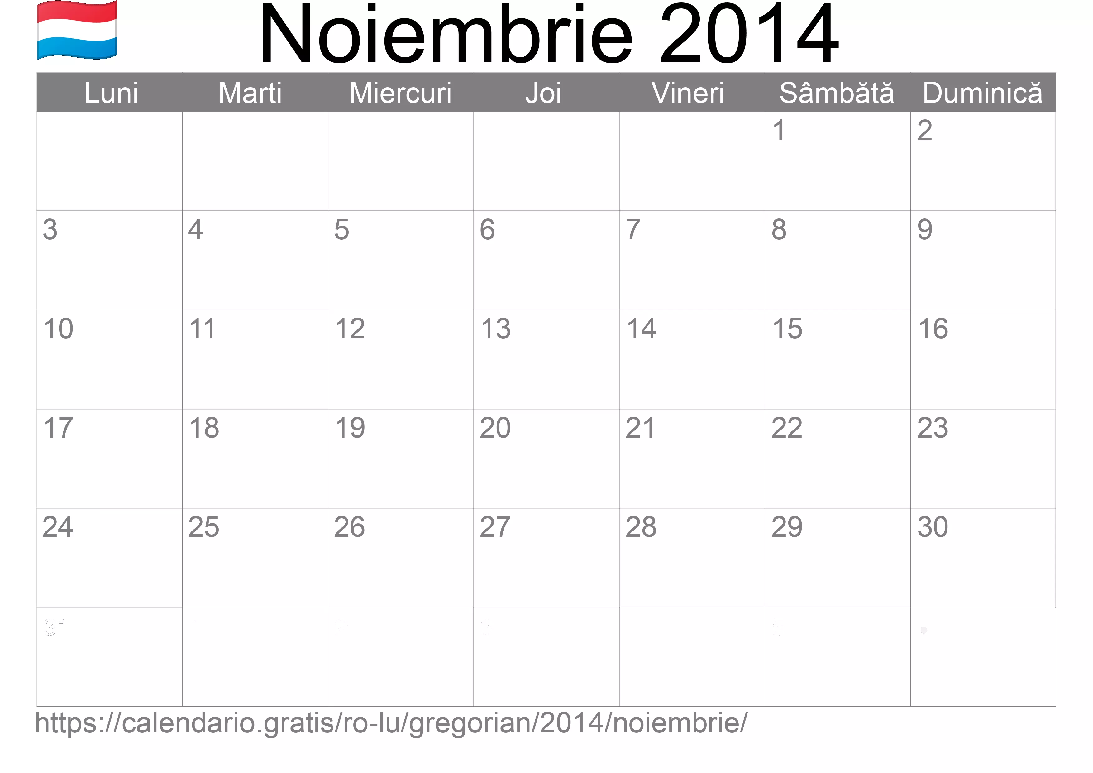 Calendar Noiembrie 2014 pentru imprimare (Luxemburg)