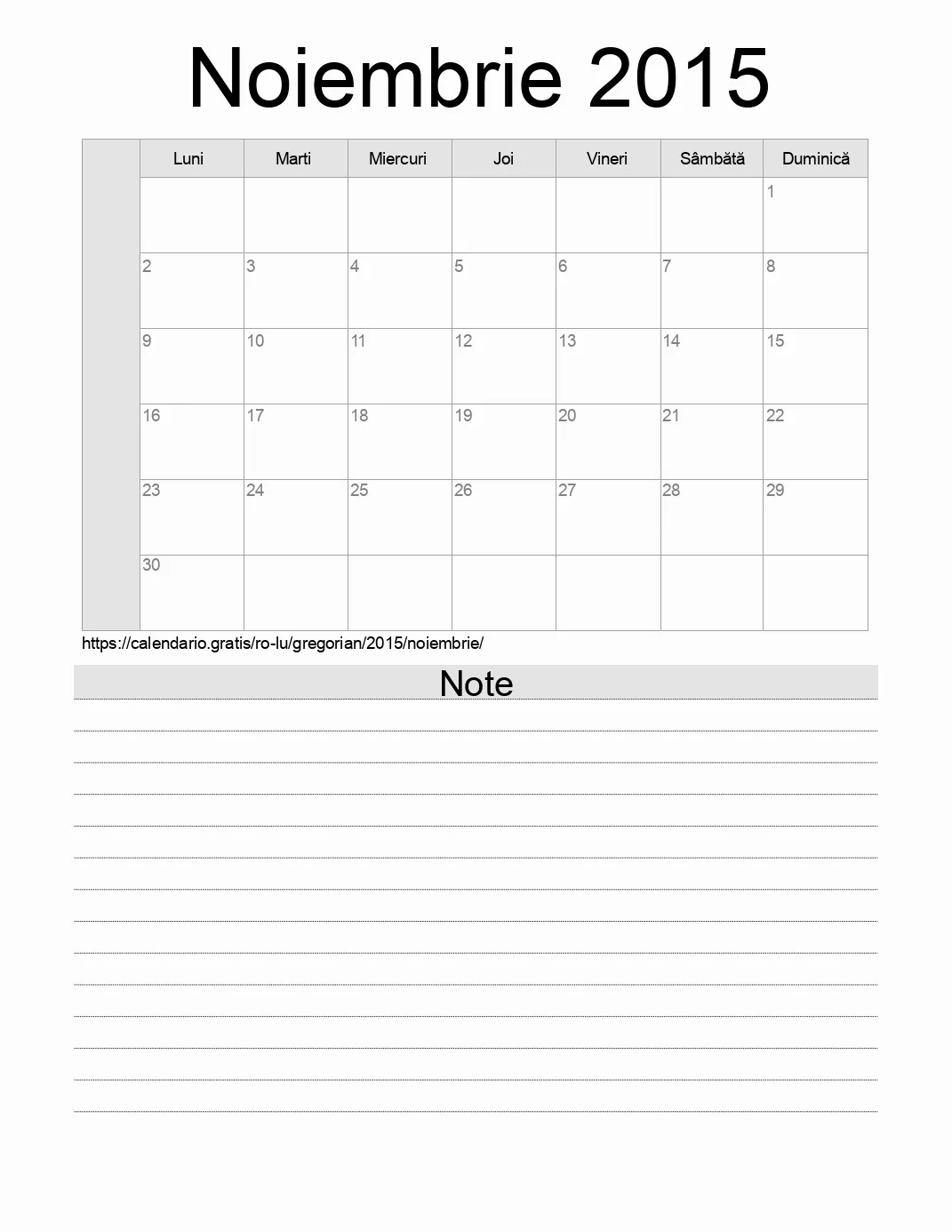 Calendar pentru Noiembrie 2015 de imprimat cu note. (Luxemburg)