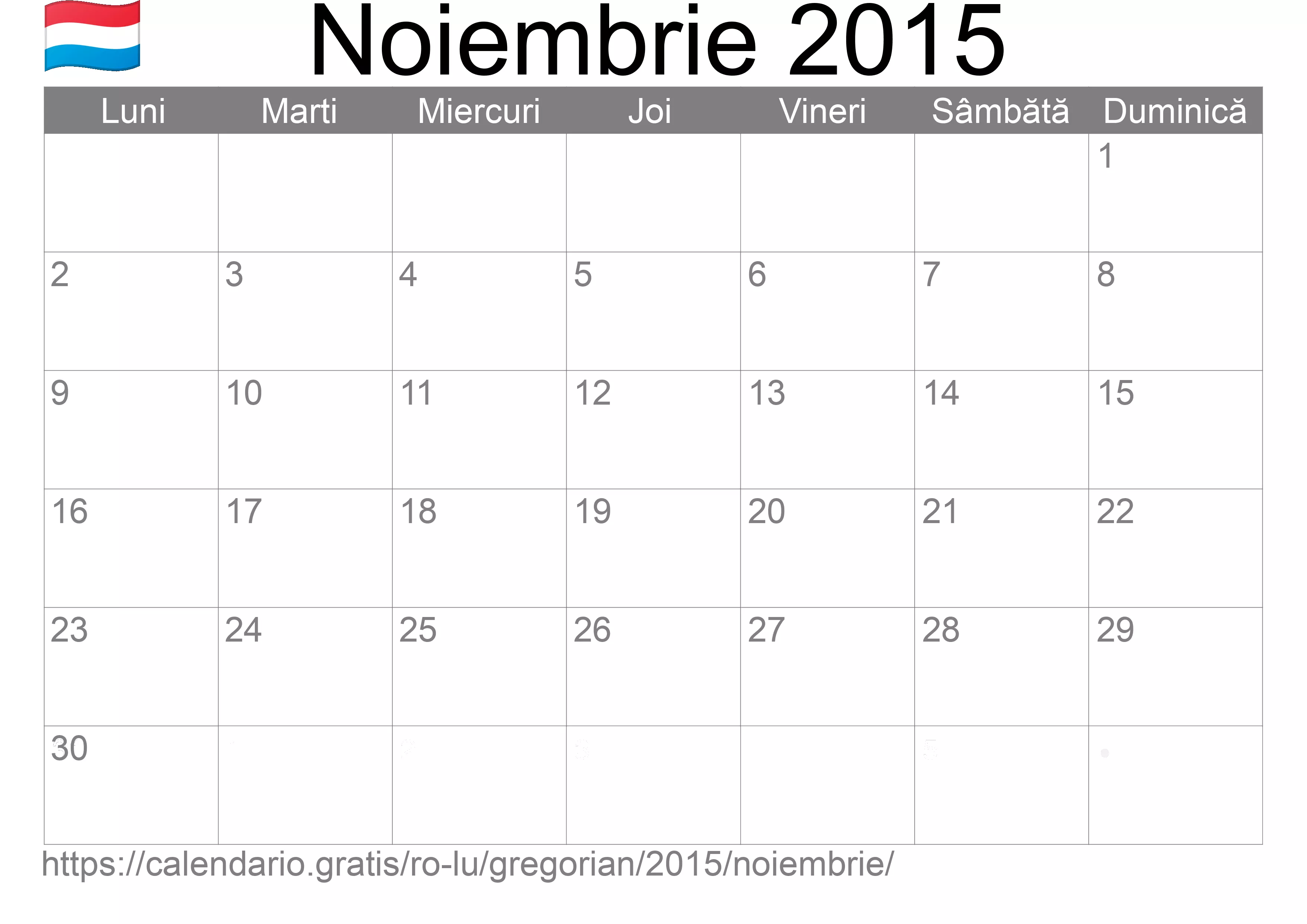 Calendar Noiembrie 2015 pentru imprimare (Luxemburg)