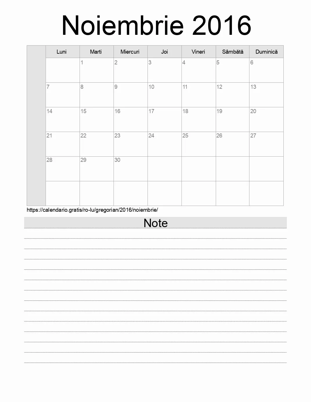 Calendar pentru Noiembrie 2016 de imprimat cu note. (Luxemburg)