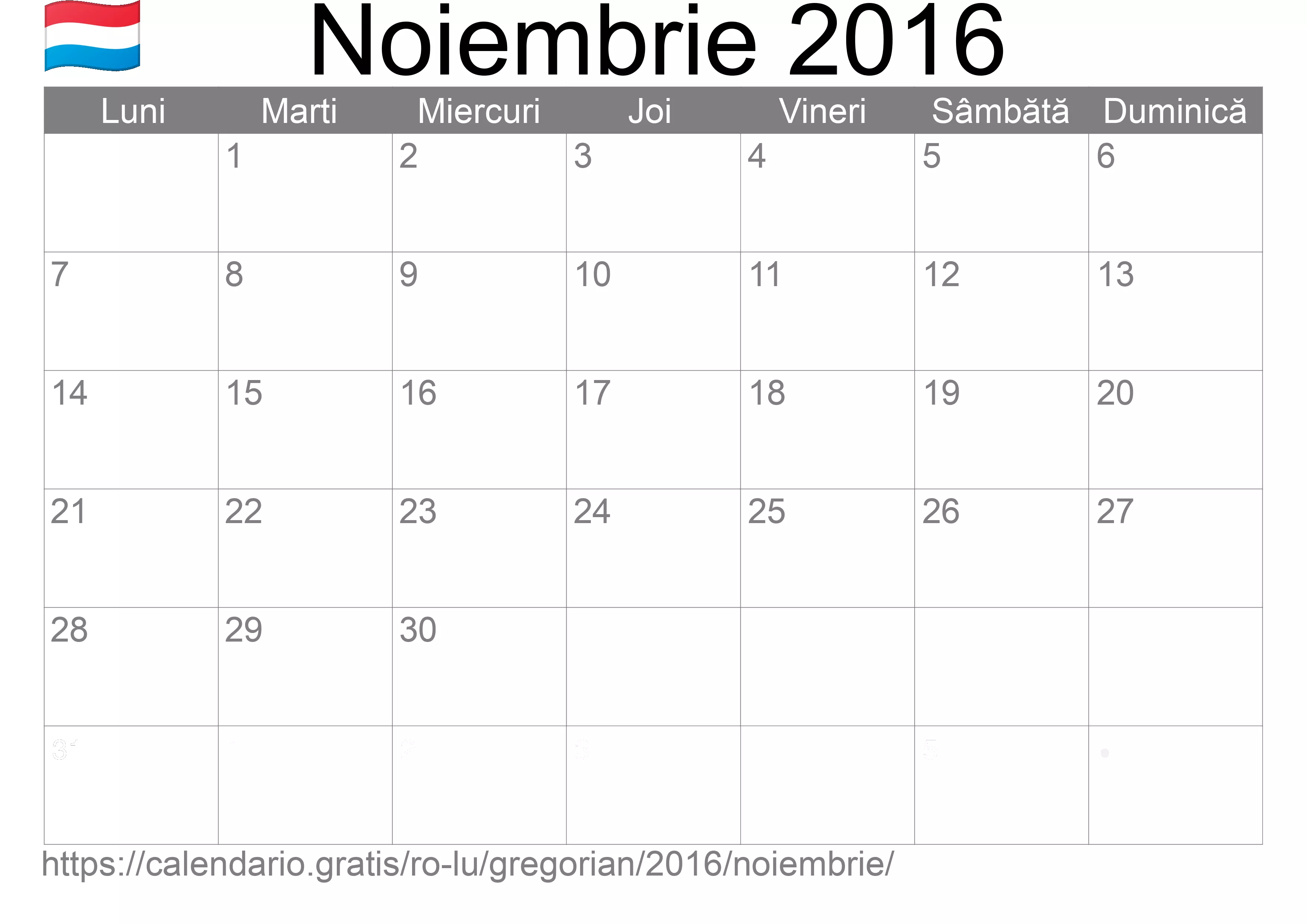 Calendar Noiembrie 2016 pentru imprimare (Luxemburg)