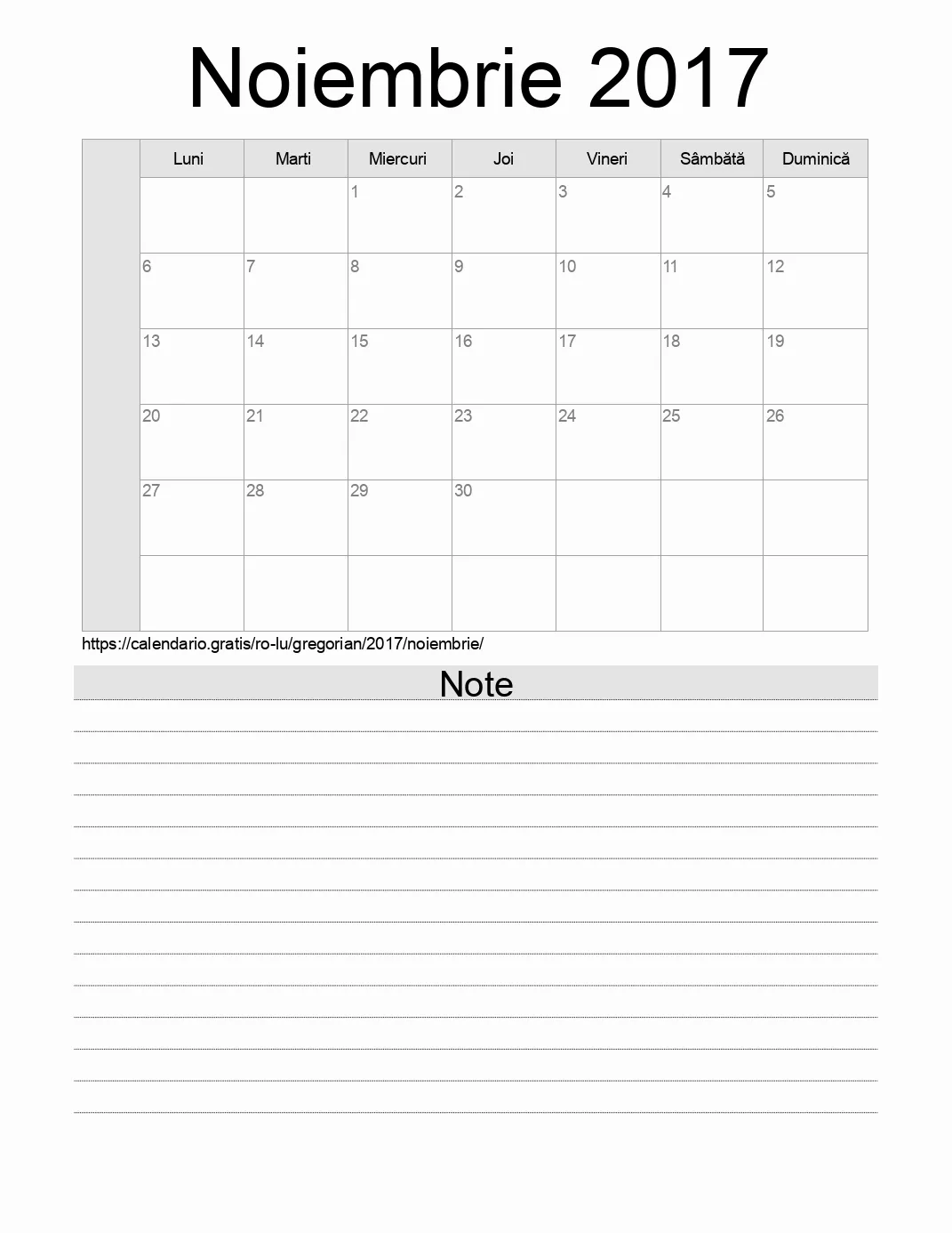 Calendar pentru Noiembrie 2017 de imprimat cu note. (Luxemburg)