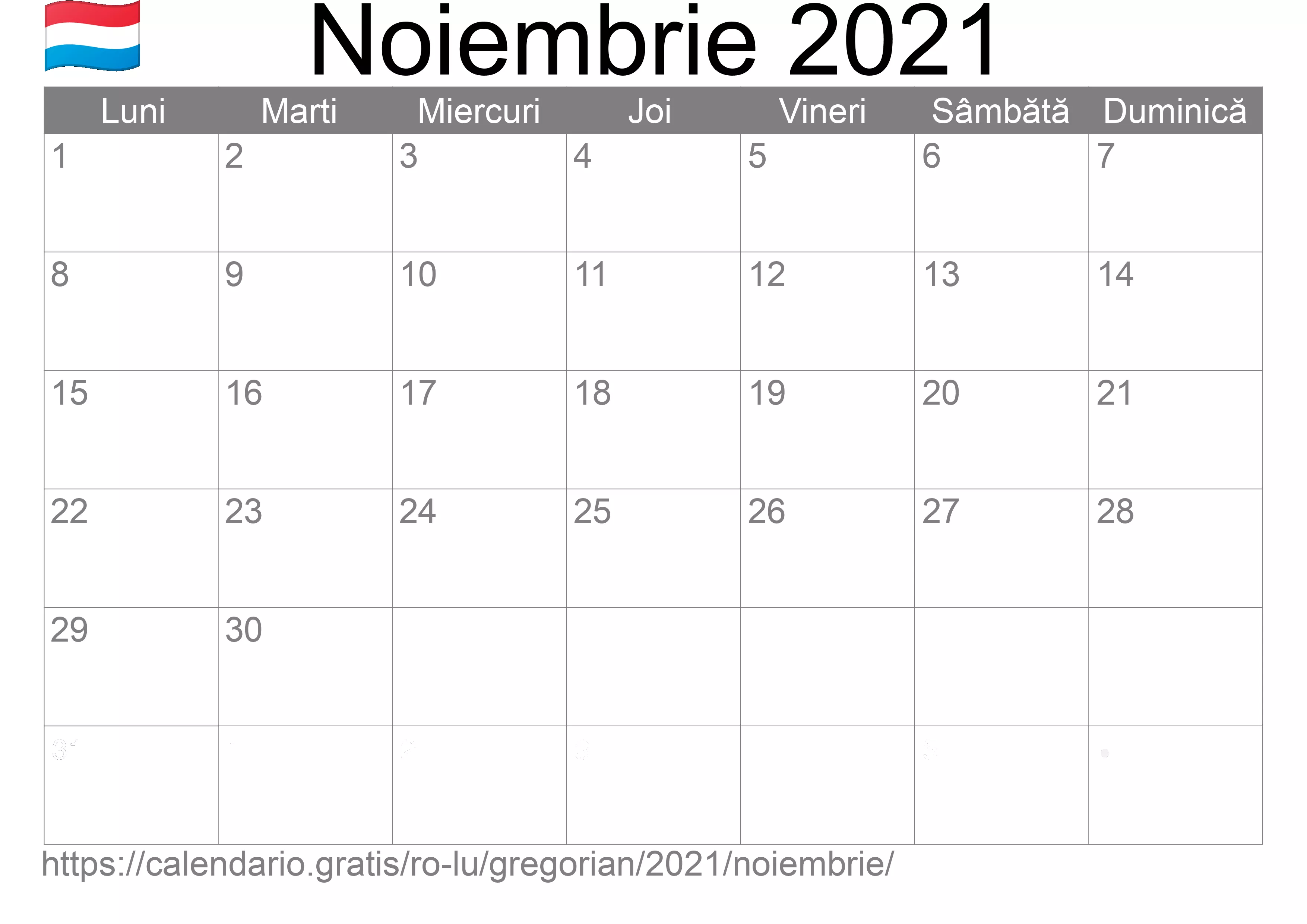 Calendar Noiembrie 2021 pentru imprimare (Luxemburg)
