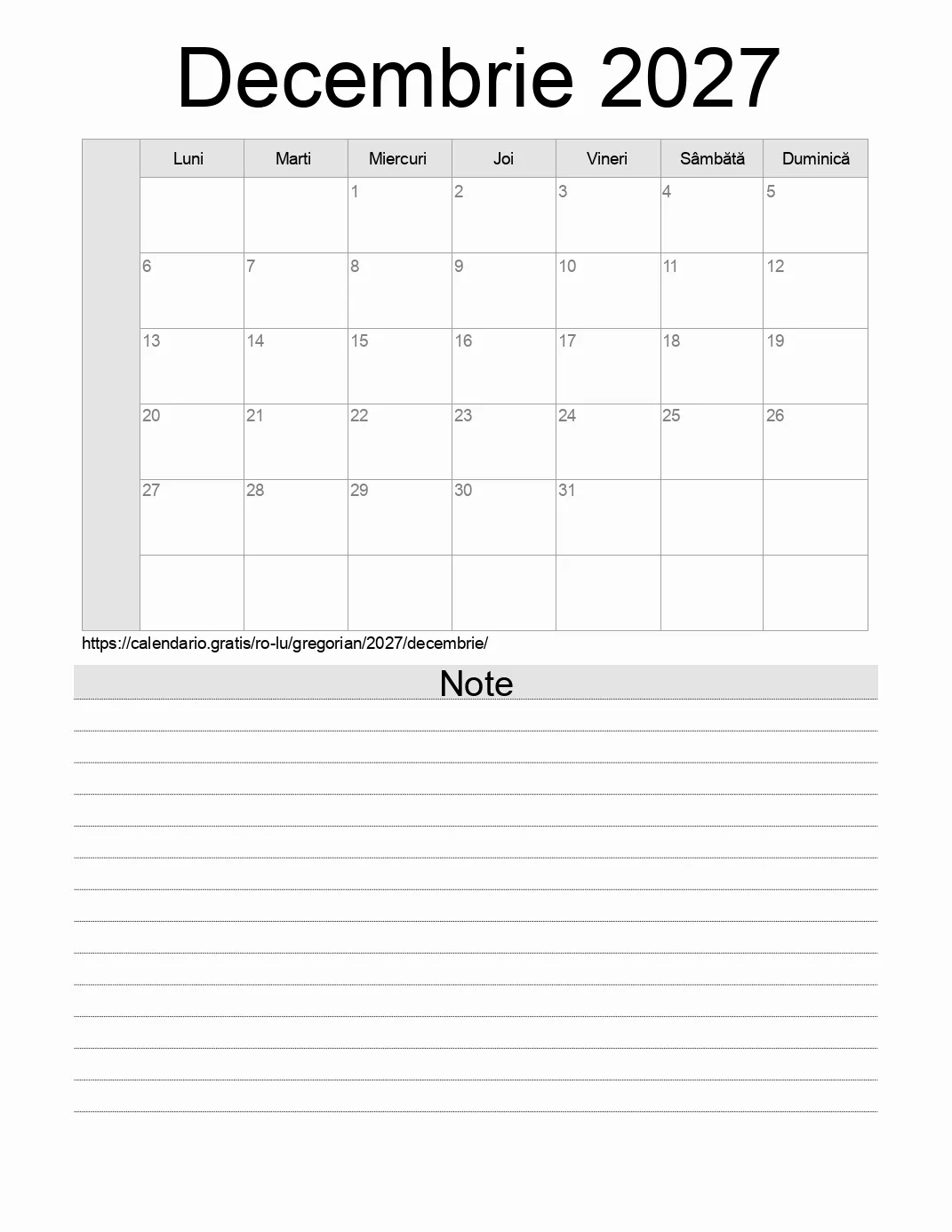 Calendar pentru Decembrie 2027 de imprimat cu note. (Luxemburg) Calendar pentru Decembrie 2027 de imprimat cu note. (Luxemburg)