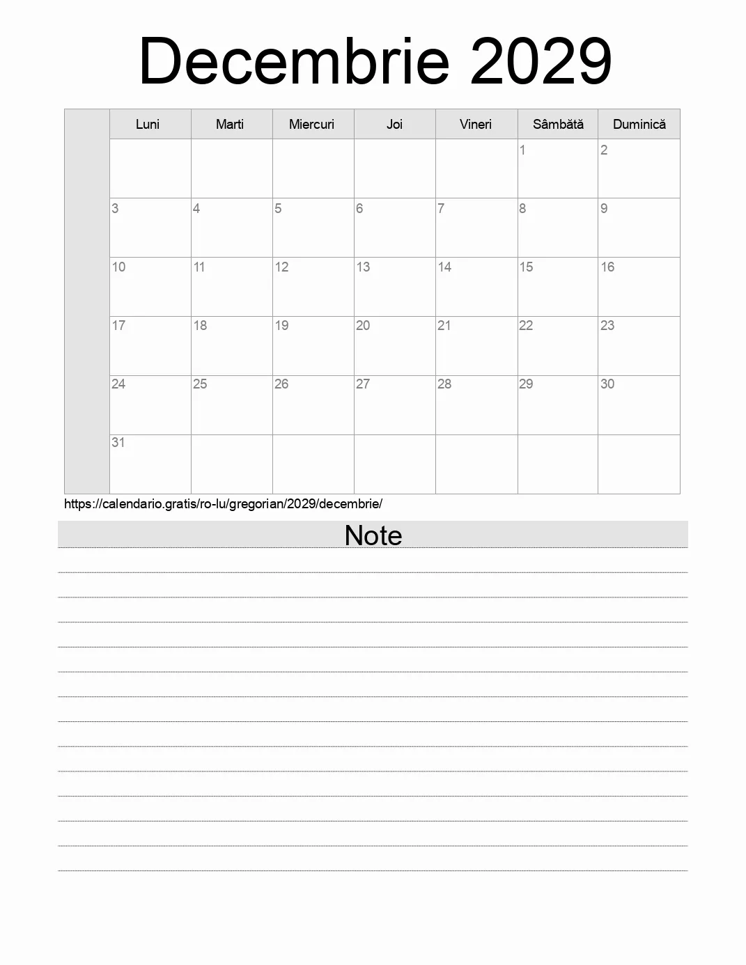 Calendar pentru Decembrie 2029 de imprimat cu note. (Luxemburg) Calendar pentru Decembrie 2029 de imprimat cu note. (Luxemburg)