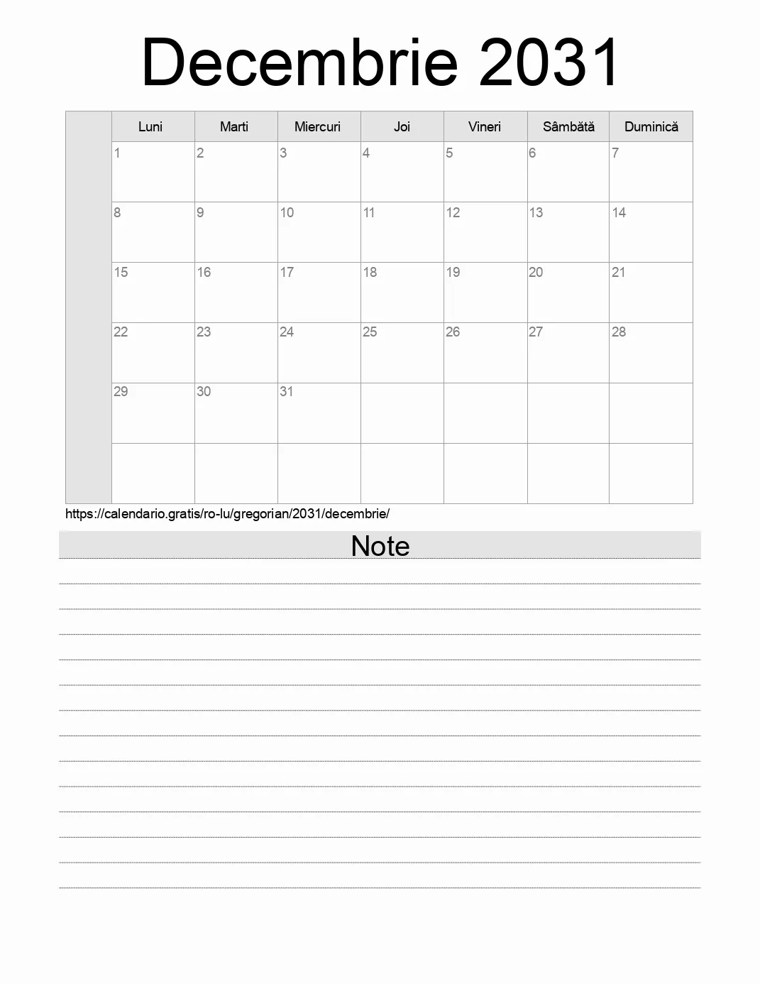 Calendar pentru Decembrie 2031 de imprimat cu note. (Luxemburg) Calendar pentru Decembrie 2031 de imprimat cu note. (Luxemburg)