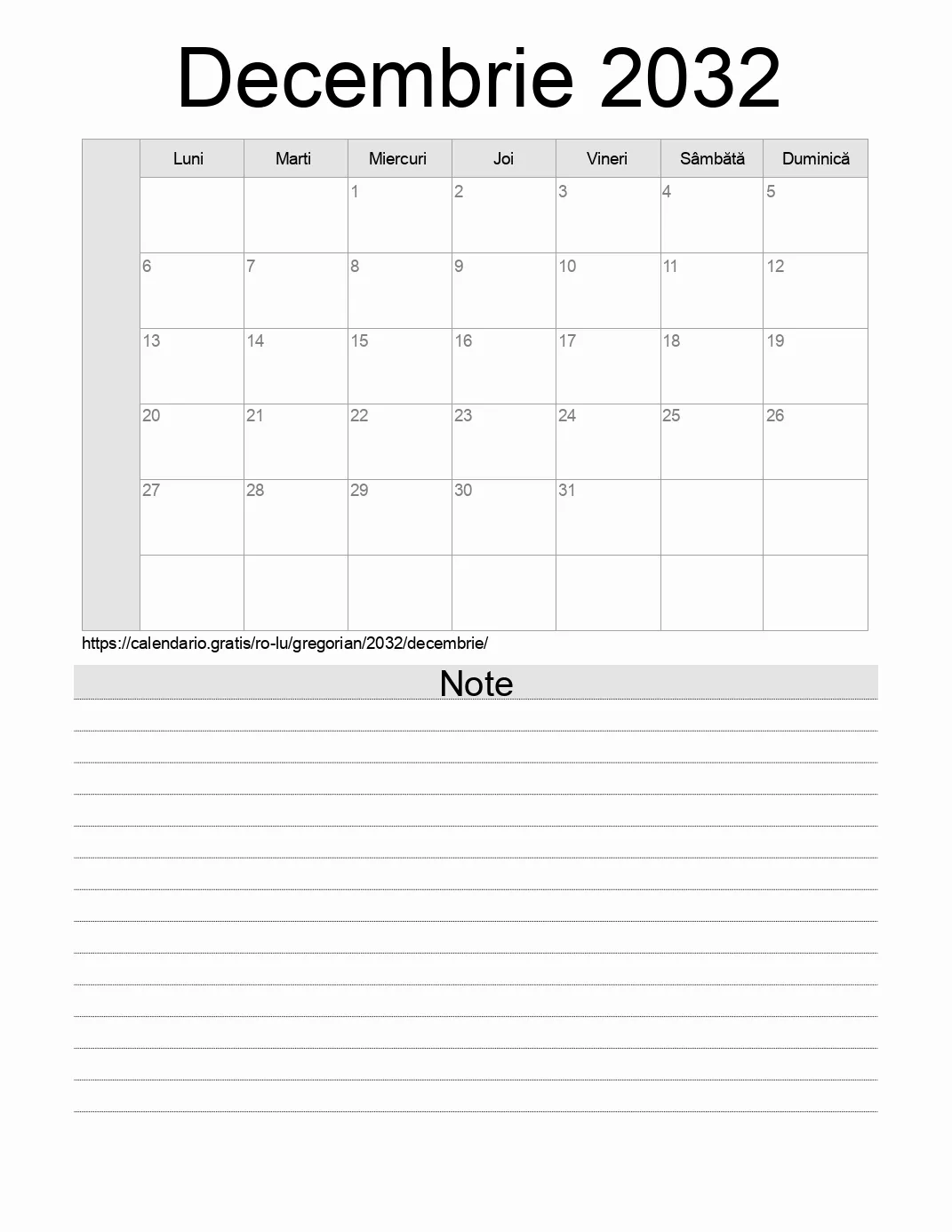 Calendar pentru Decembrie 2032 de imprimat cu note. (Luxemburg) Calendar pentru Decembrie 2032 de imprimat cu note. (Luxemburg)