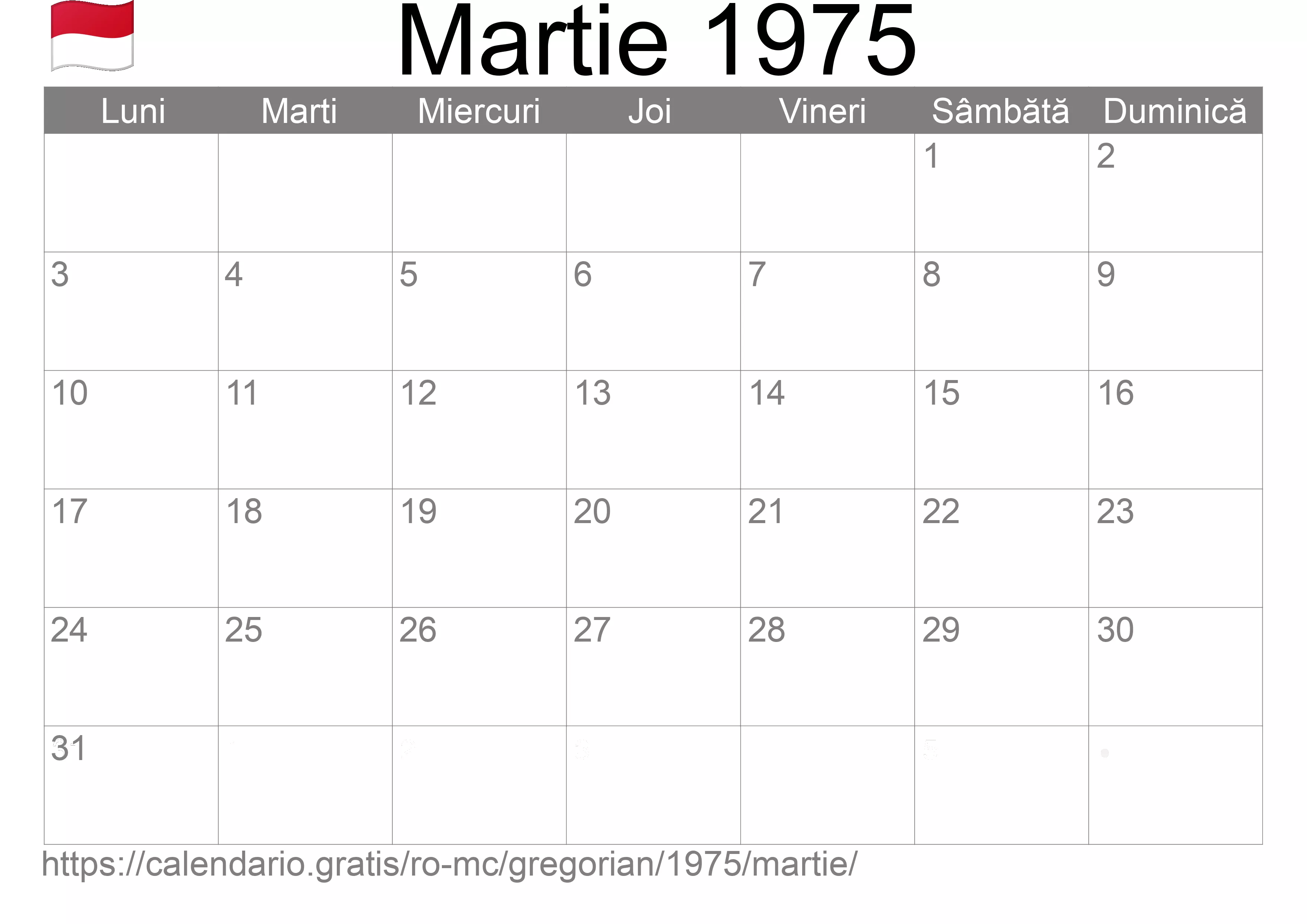 Calendar Martie 1975 pentru imprimare (Monaco) Calendar Martie 1975 pentru imprimare (Monaco)