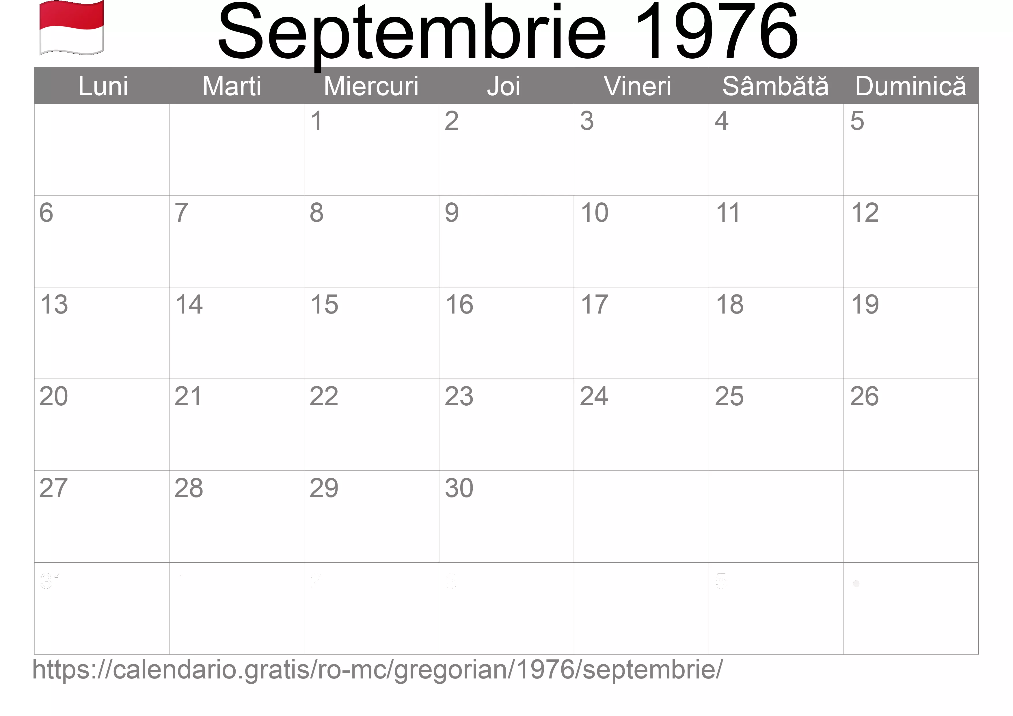Calendar Septembrie 1976 pentru imprimare (Monaco) Calendar Septembrie 1976 pentru imprimare (Monaco)