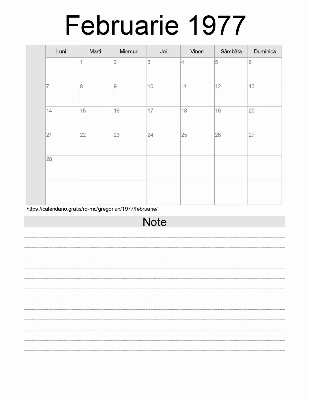 Calendar pentru Februarie 1977 de imprimat cu note. (Monaco) Calendar pentru Februarie 1977 de imprimat cu note. (Monaco)
