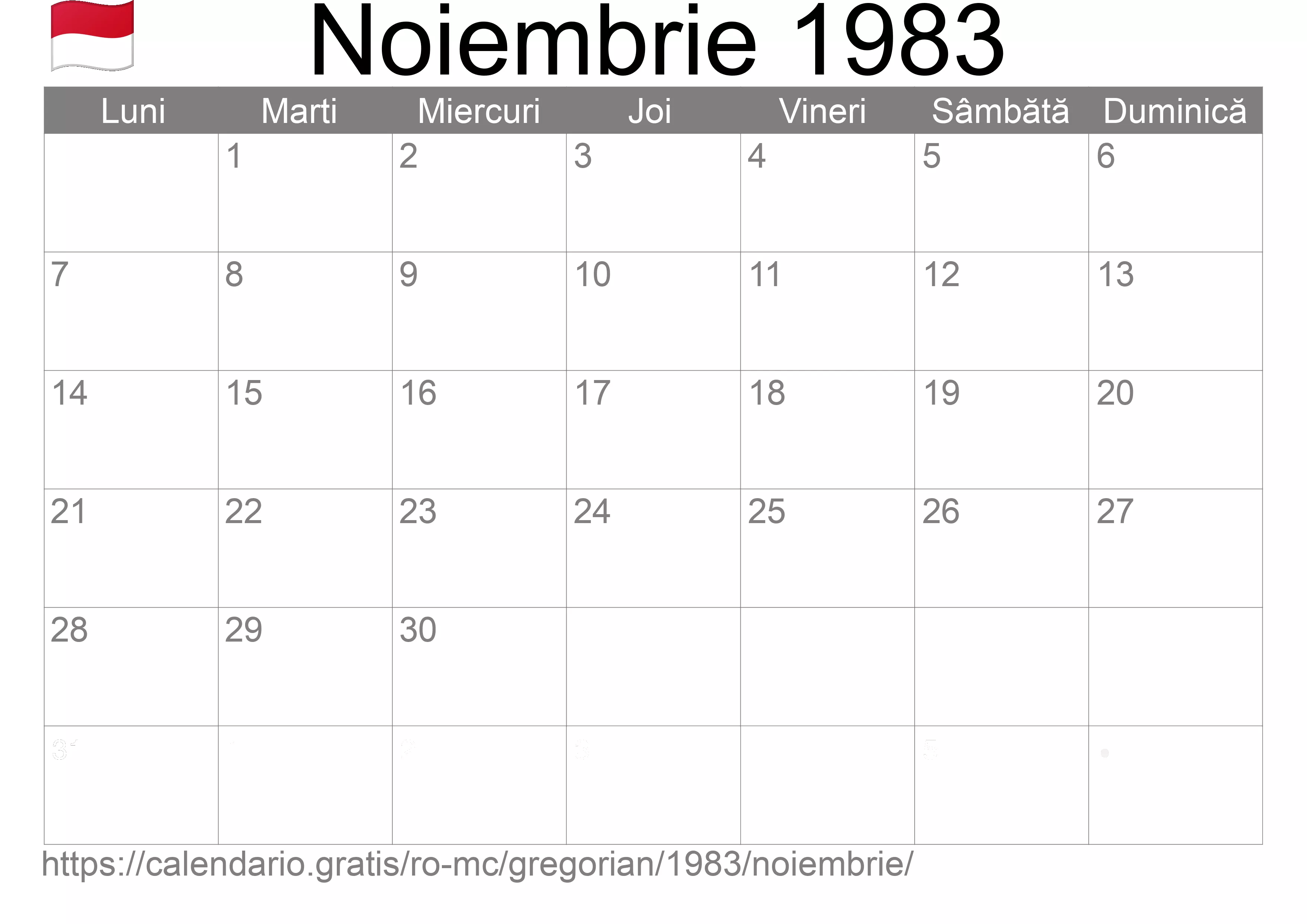 Calendar Noiembrie 1983 pentru imprimare (Monaco)