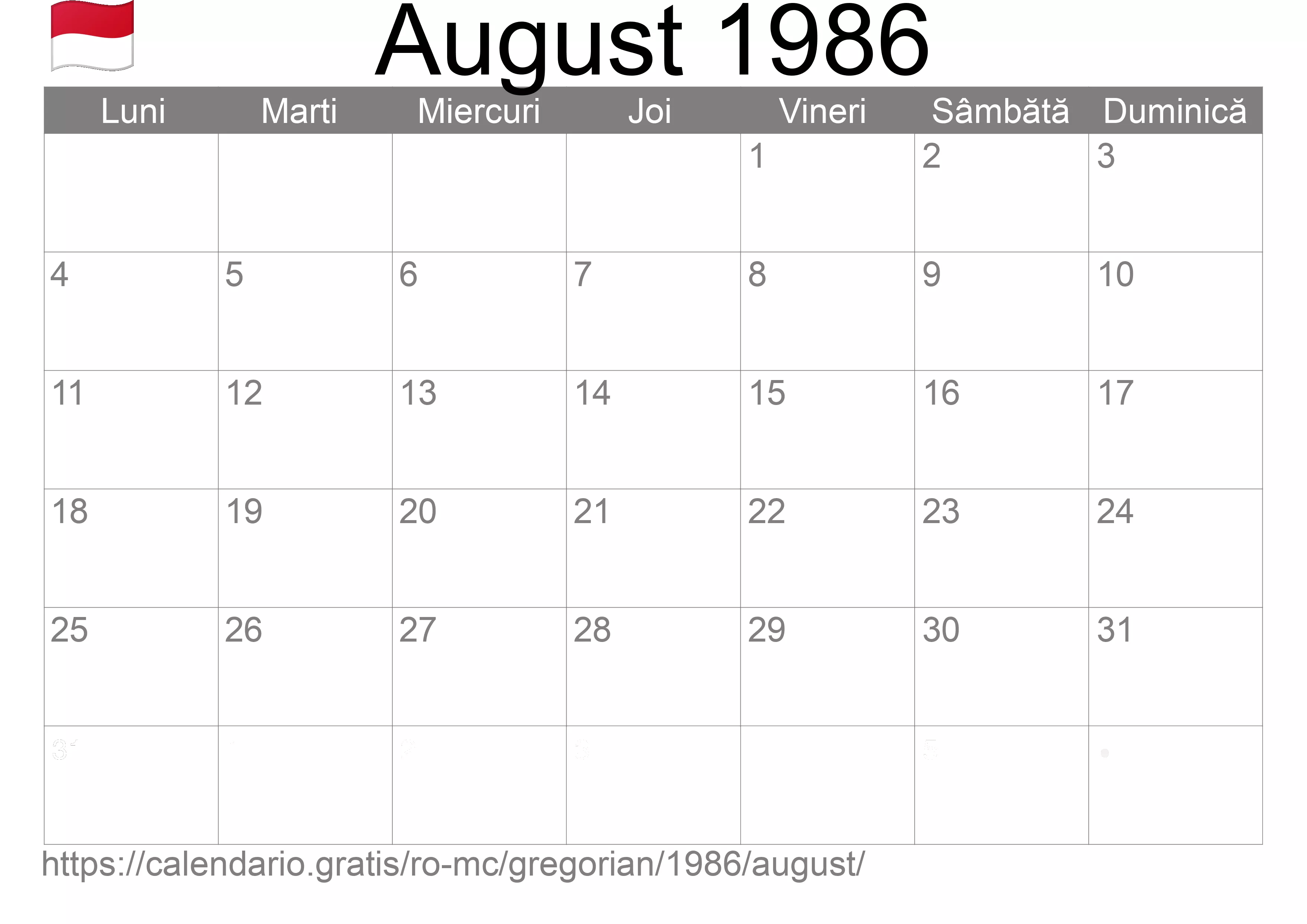 Calendar August 1986 pentru imprimare (Monaco) Calendar August 1986 pentru imprimare (Monaco)
