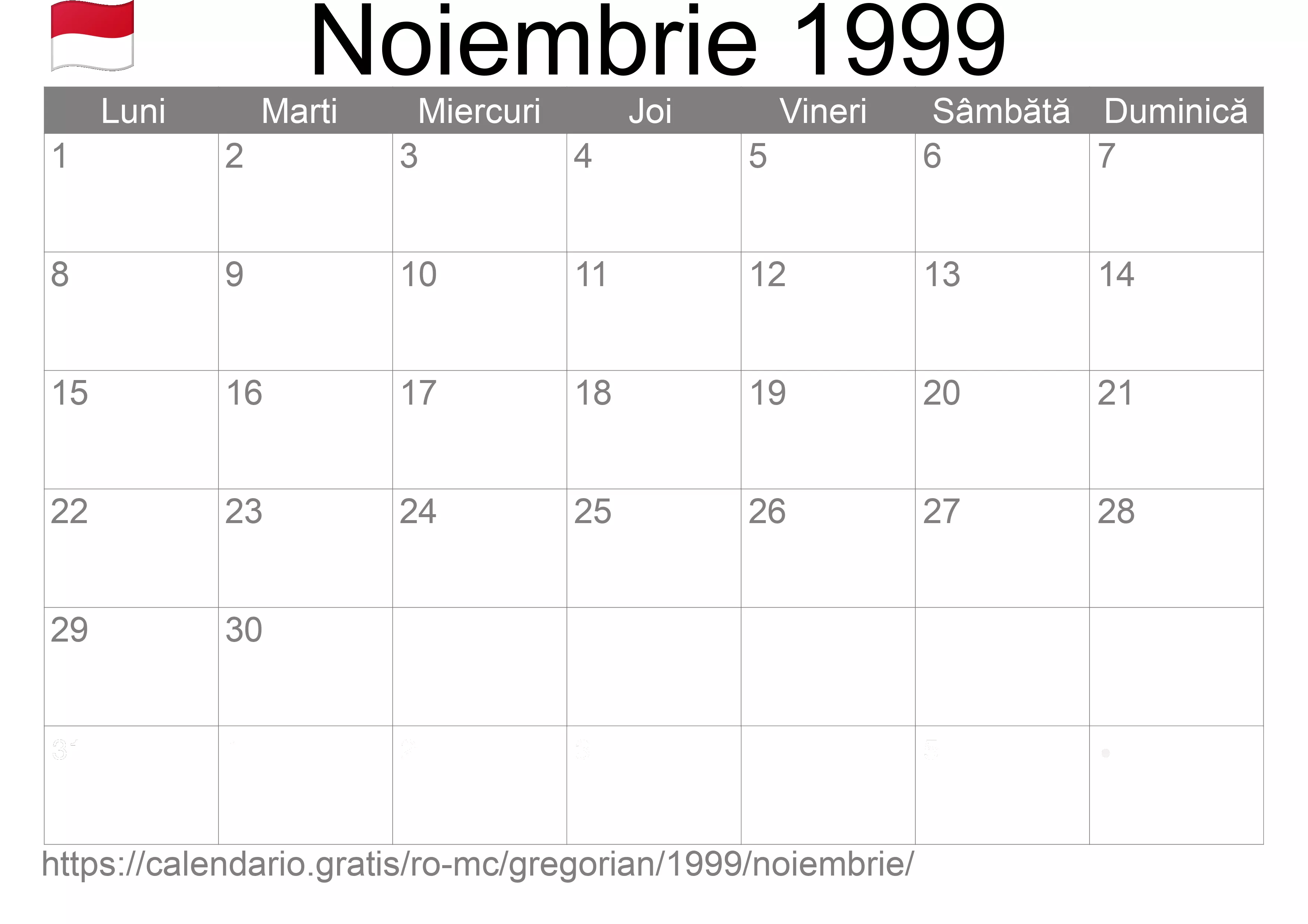 Calendar Noiembrie 1999 pentru imprimare (Monaco)