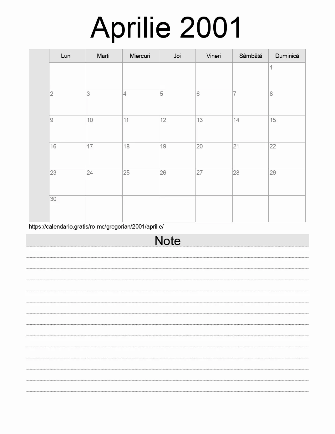Calendar pentru Aprilie 2001 de imprimat cu note. (Monaco) Calendar pentru Aprilie 2001 de imprimat cu note. (Monaco)