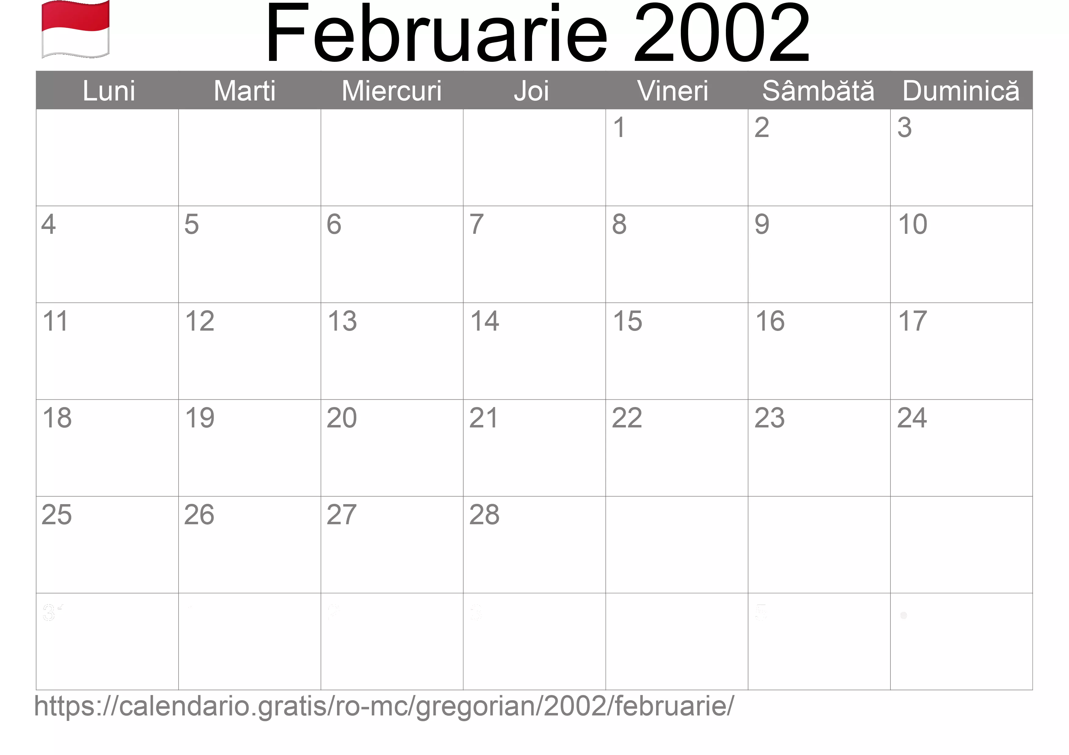 Calendar Februarie 2002 pentru imprimare (Monaco) Calendar Februarie 2002 pentru imprimare (Monaco)