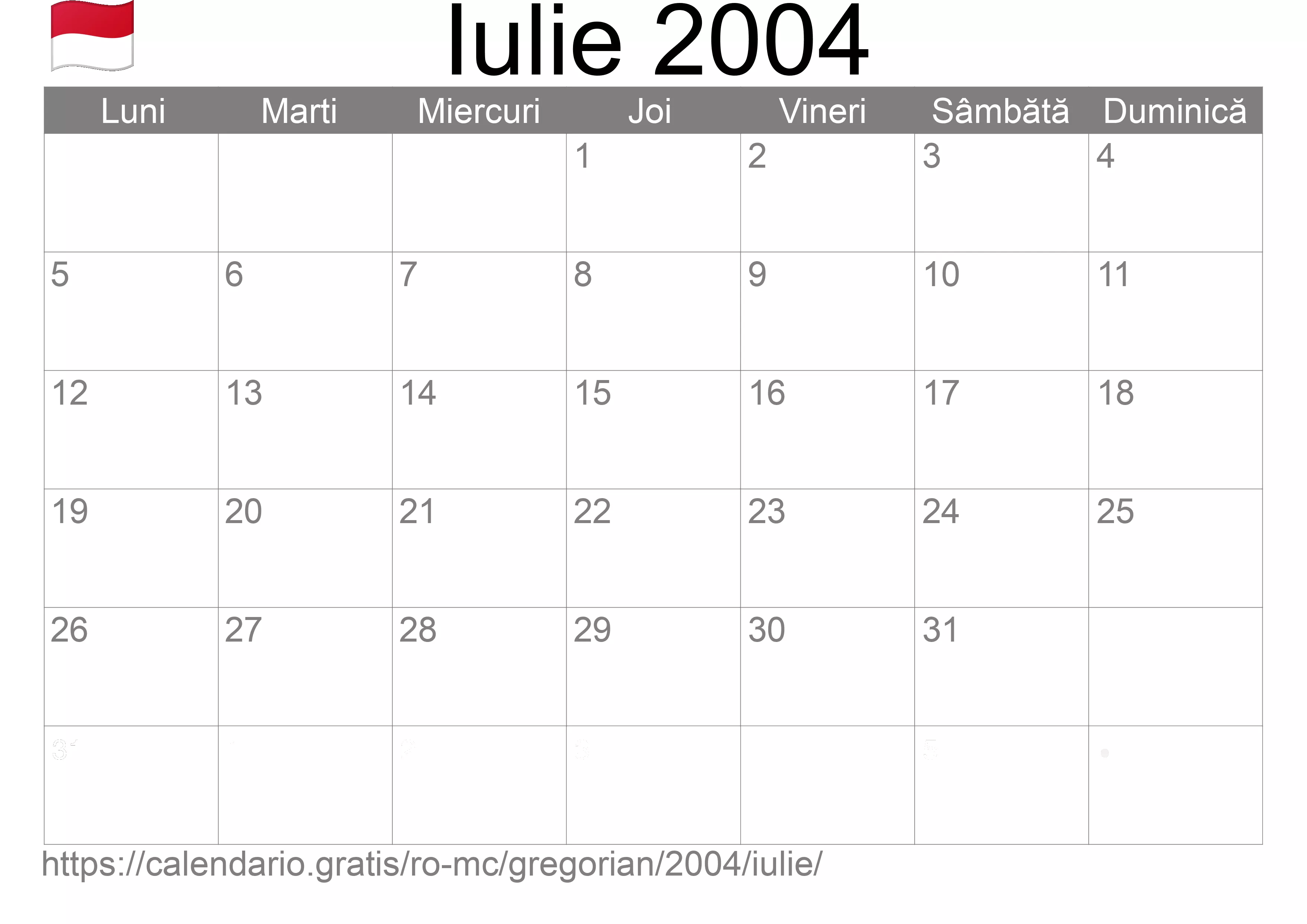 Calendar Iulie 2004 pentru imprimare (Monaco)